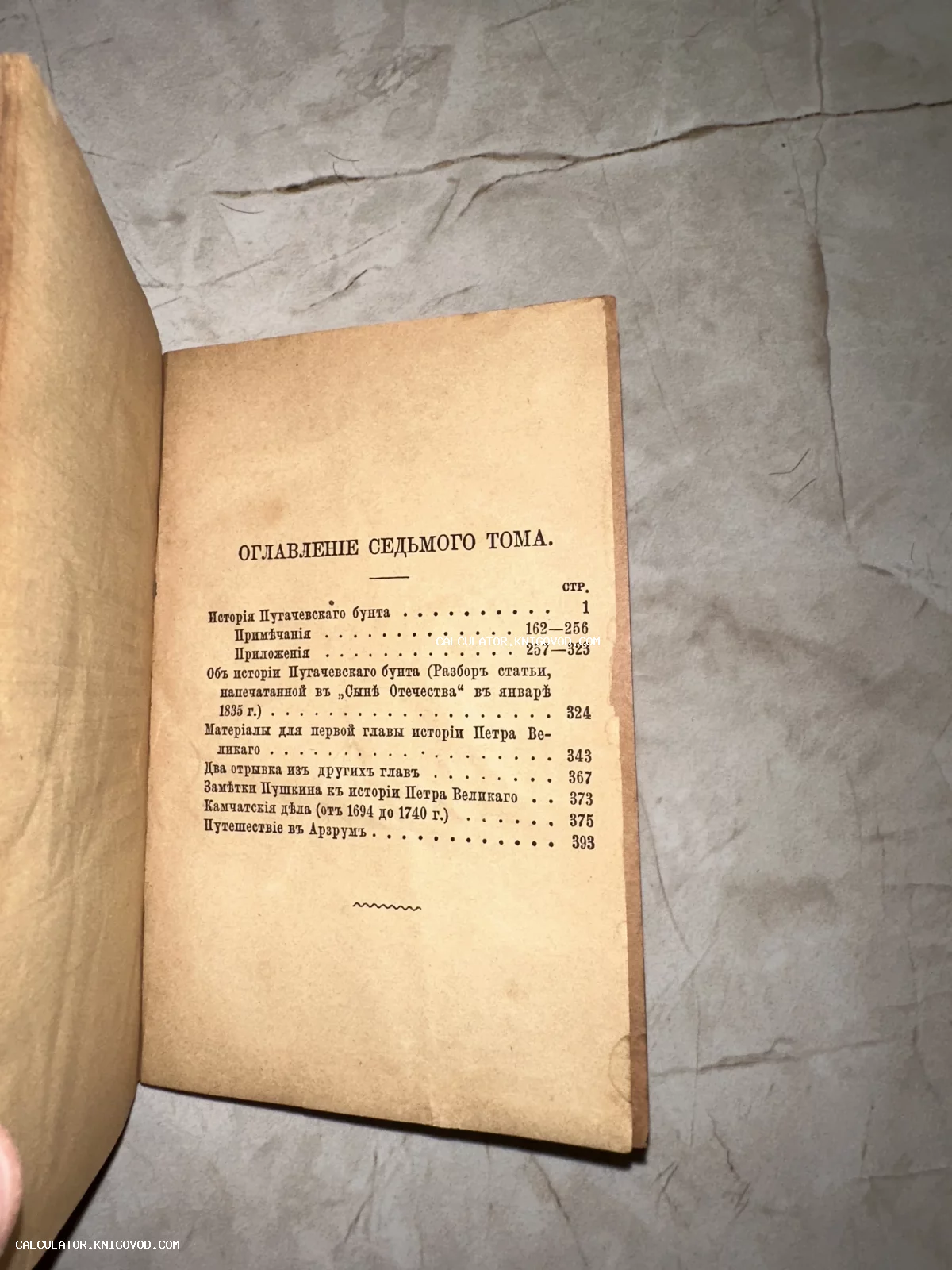 Страница старинной книги с оглавлением седьмого тома, содержащим произведения Пушкина в дореволюционной орфографии.