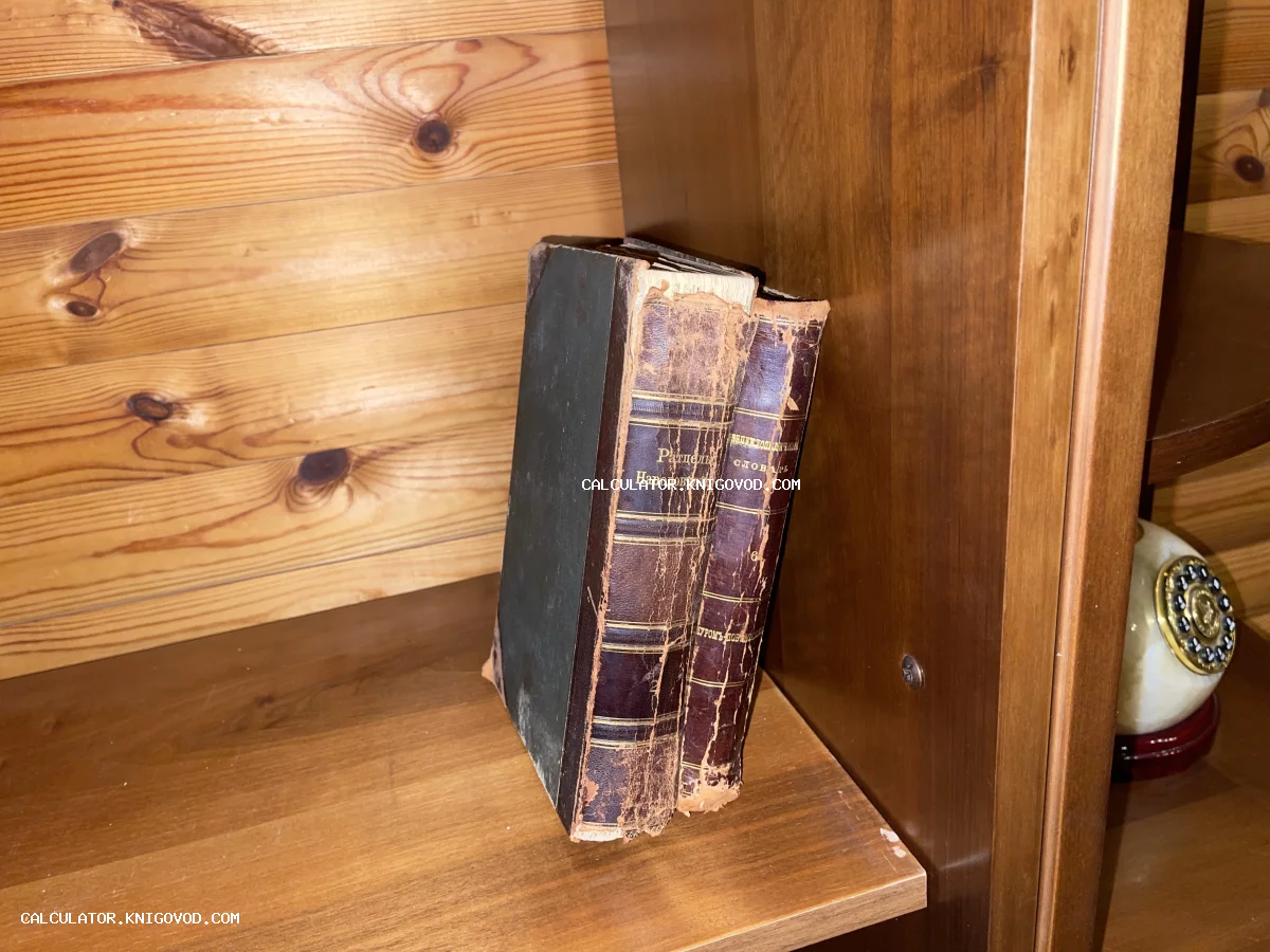 Две старинные книги в потертых кожаных переплетах с золотым тиснением на деревянной полке рядом с винтажным дисковым телефоном.