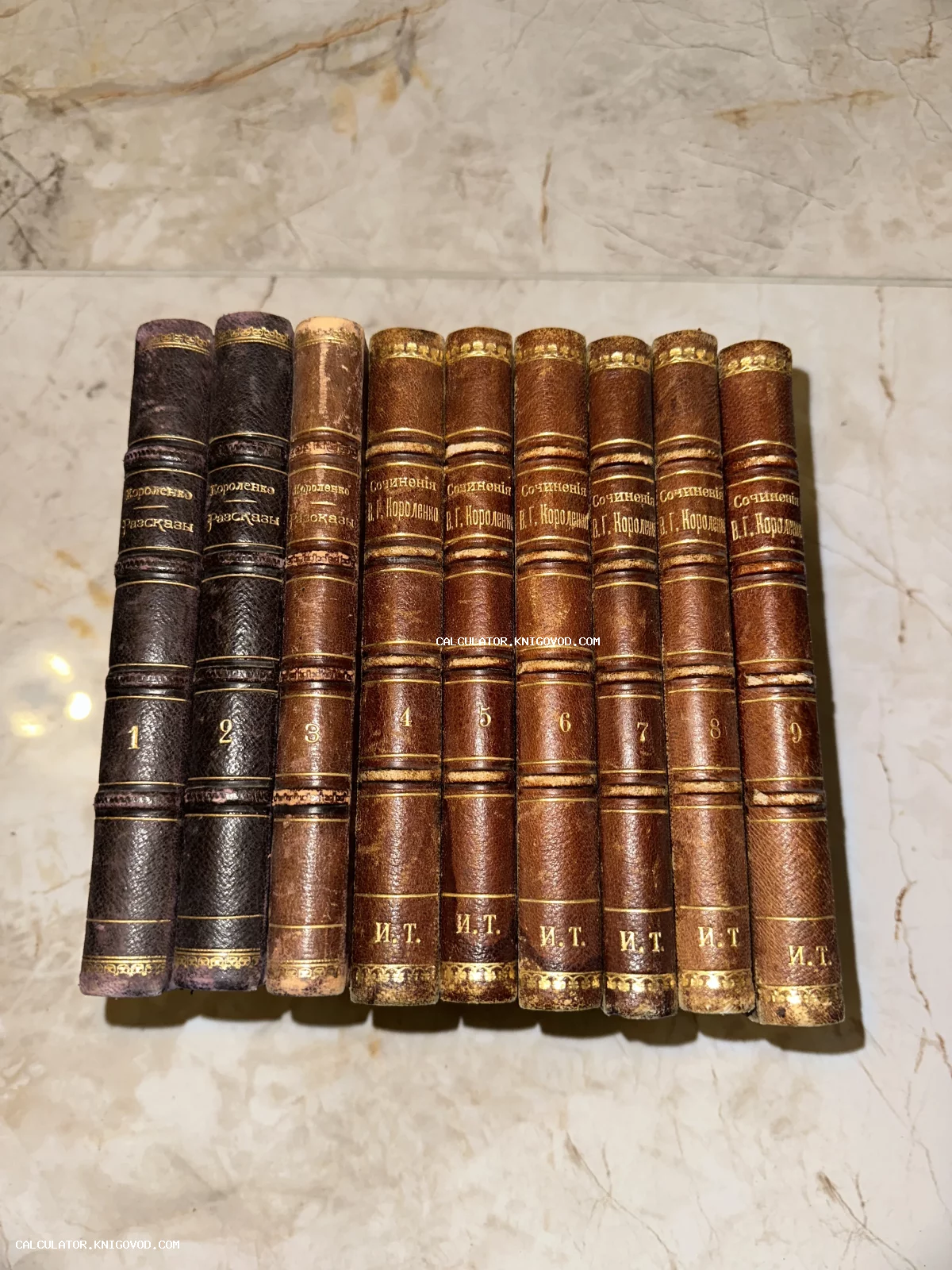 Корешки девяти антикварных книг В. Г. Короленко в кожаных переплетах с золотым тиснением.