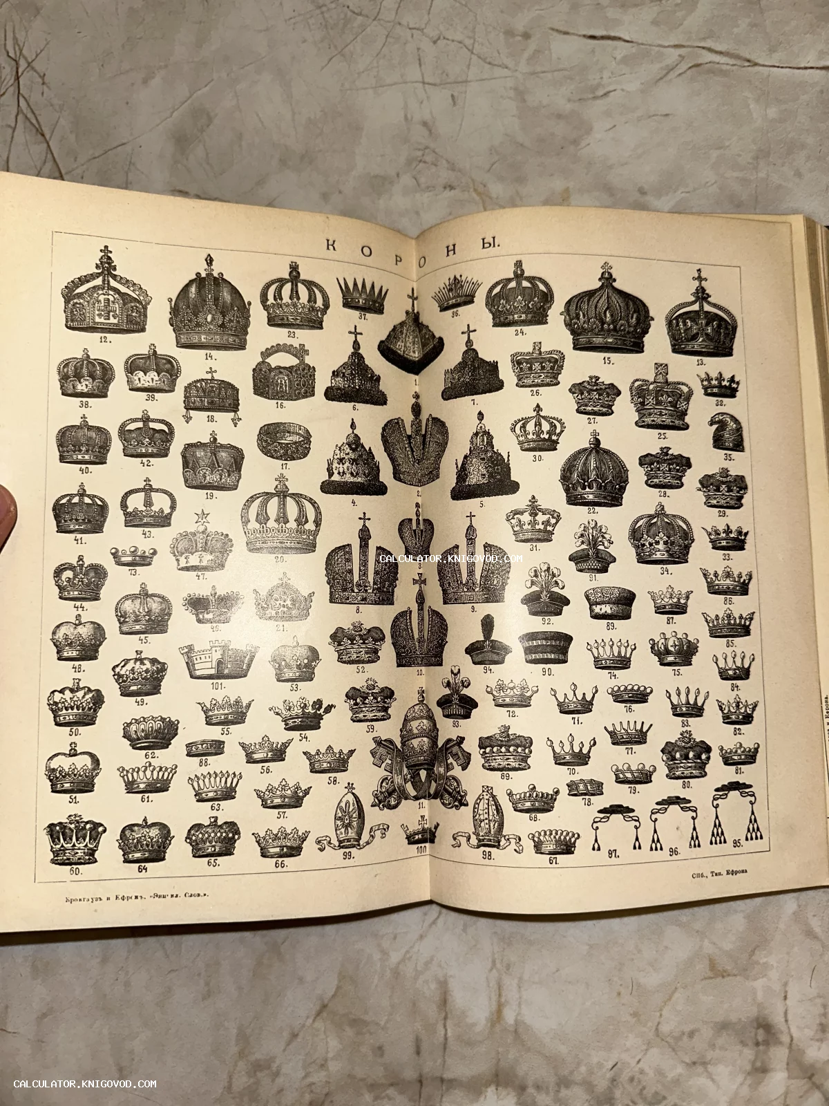 Разворот антикварной книги со старинной гравюрой, изображающей десятки различных типов корон и регалий с нумерацией.