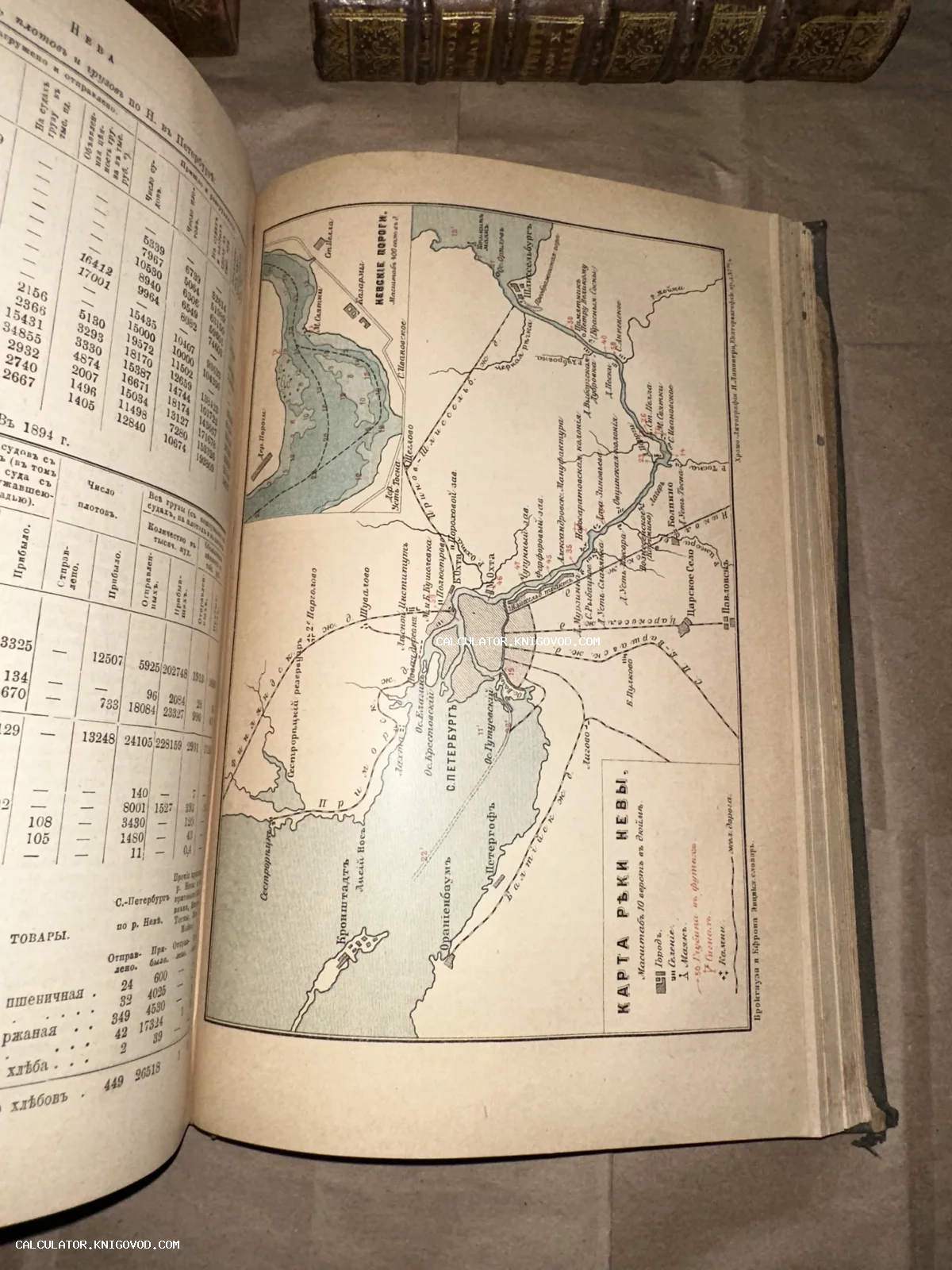 Разворот антикварной книги с цветной литографированной картой реки Невы и статистической таблицей конца XIX века.