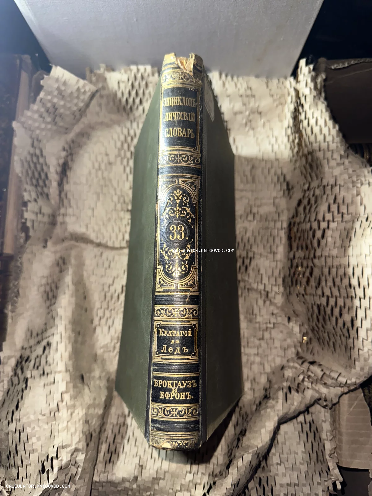 Корешок антикварной книги Энциклопедический словарь Брокгауза и Ефрона, том 33, с золотым тиснением на зеленом фоне.