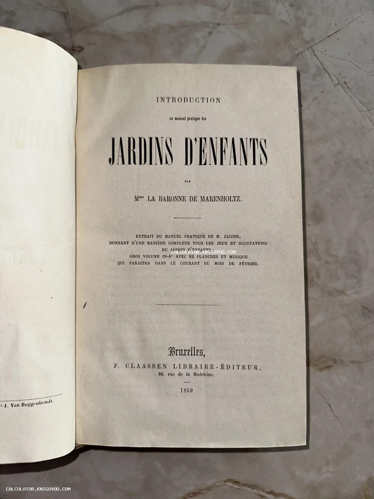 Титульный лист старинной французской книги Jardins d'Enfants, изданной в Брюсселе в 1859 году.