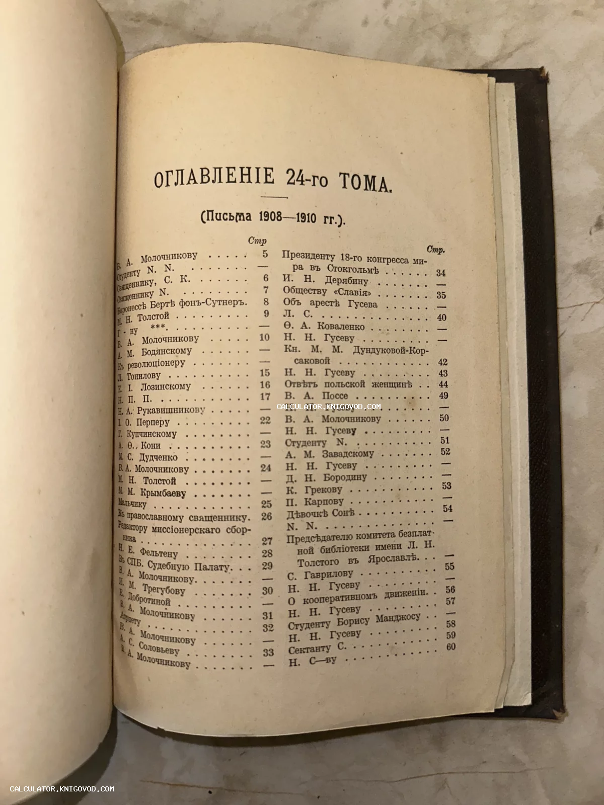 Страница старинной книги с оглавлением 24-го тома, содержащего письма 1908–1910 годов, напечатанная дореволюционным шрифтом.