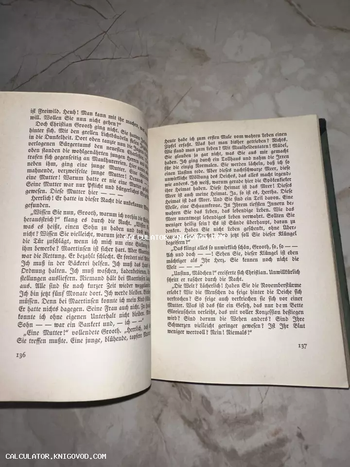 Разворот старой книги на немецком языке, страницы номер 136 и 137, четкий типографский шрифт.