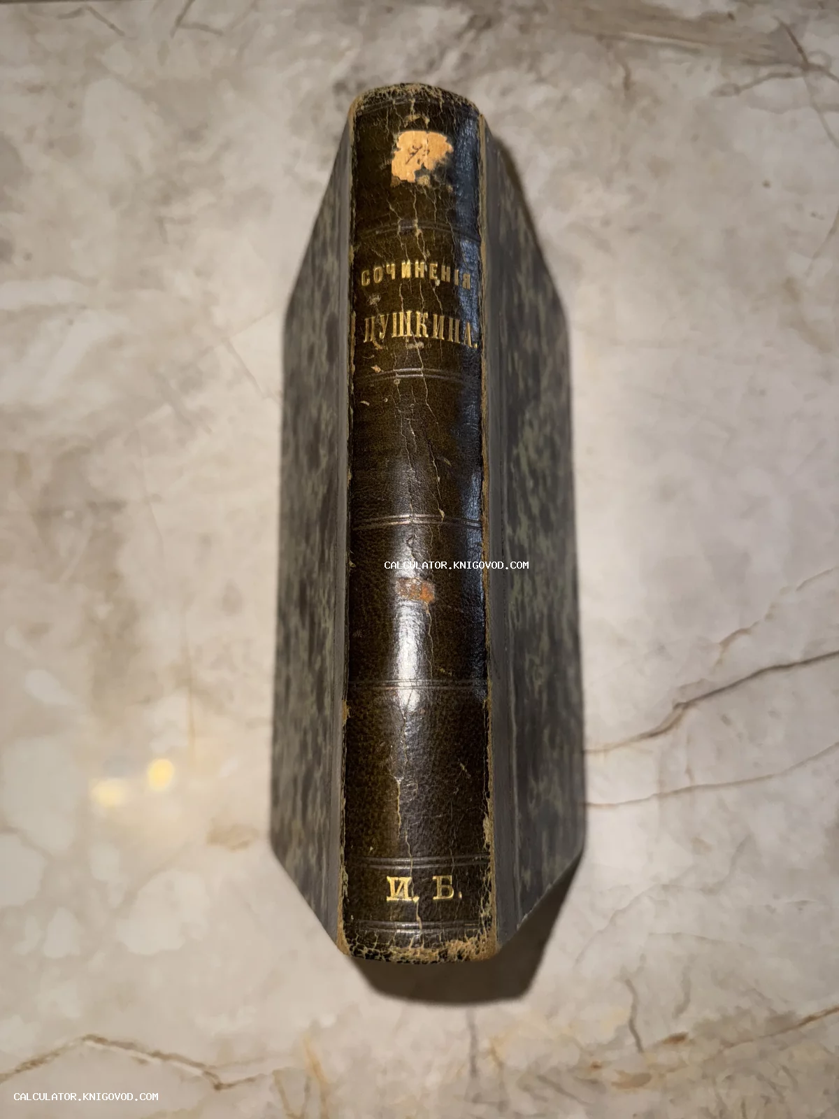 Корешок старинной книги в кожаном переплете с золотым тиснением «Сочинения Пушкина» на мраморном фоне.