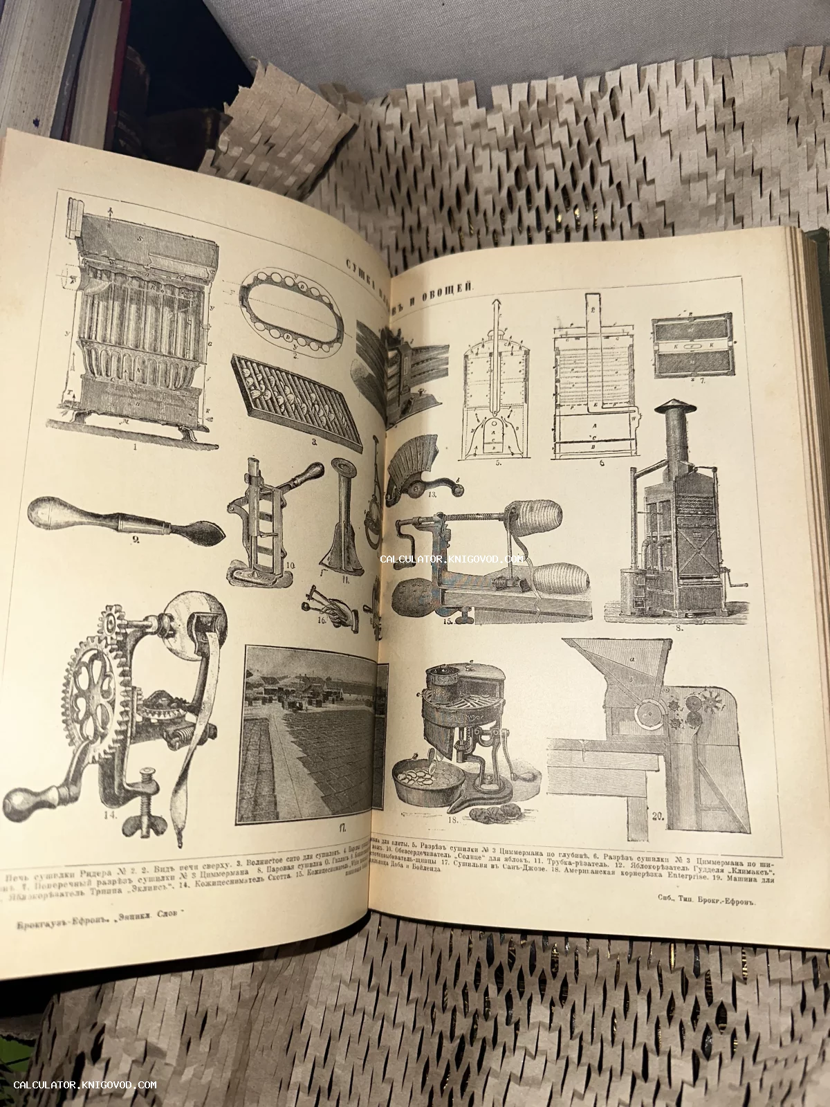 Разворот старинной книги с техническими иллюстрациями и чертежами машин для сушки ягод и овощей.