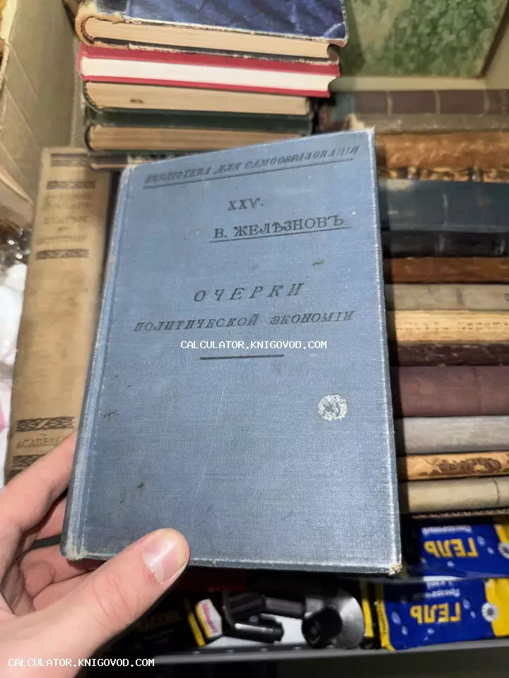 Старинная книга В. Железнова «Очерки политической экономии» в синем коленкоровом переплете из серии Библиотека для самообразования.