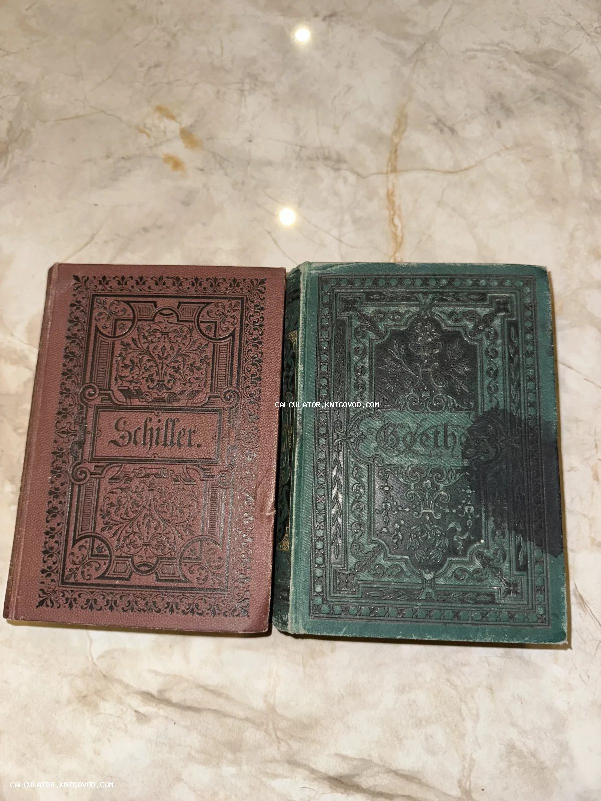 Две старинные книги в твердом переплете с тиснением: коричневый том Шиллера и зеленый том Гёте на мраморном фоне.