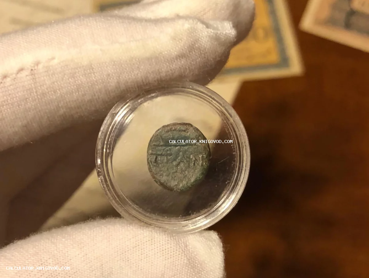 Старинная медная монета с зеленой патиной в прозрачной пластиковой капсуле, удерживаемая рукой в белой перчатке.