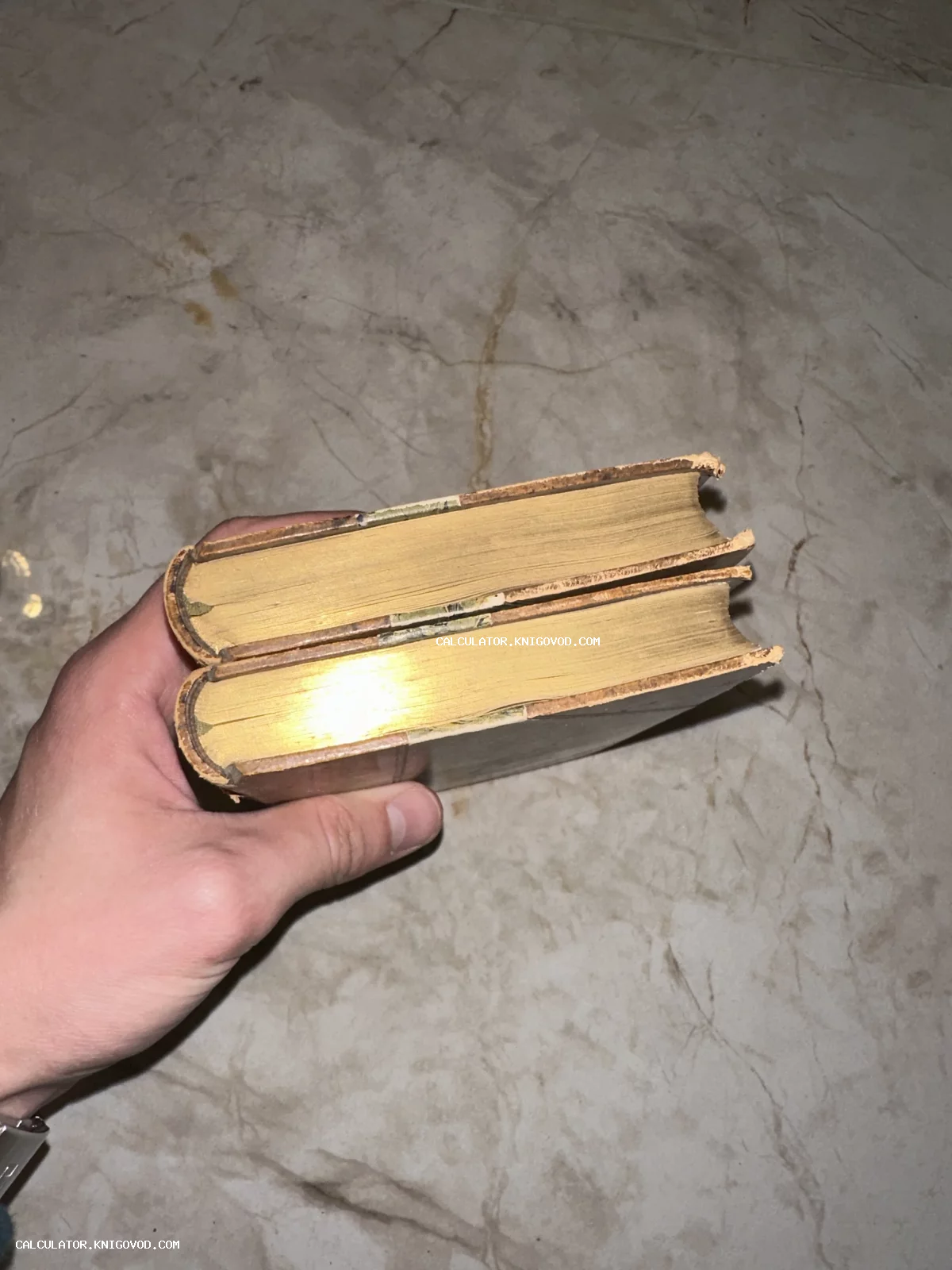 Две старинные книги с позолоченным обрезом страниц в руке коллекционера на фоне мрамора.