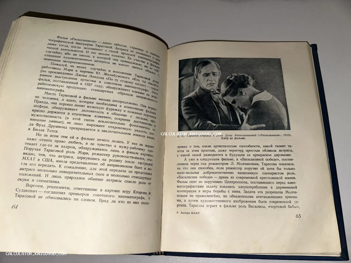 Разворот старой книги со статьей о кино и черно-белой фотографией актрисы Аллы Тарасовой в роли Дуни Раскольниковой.