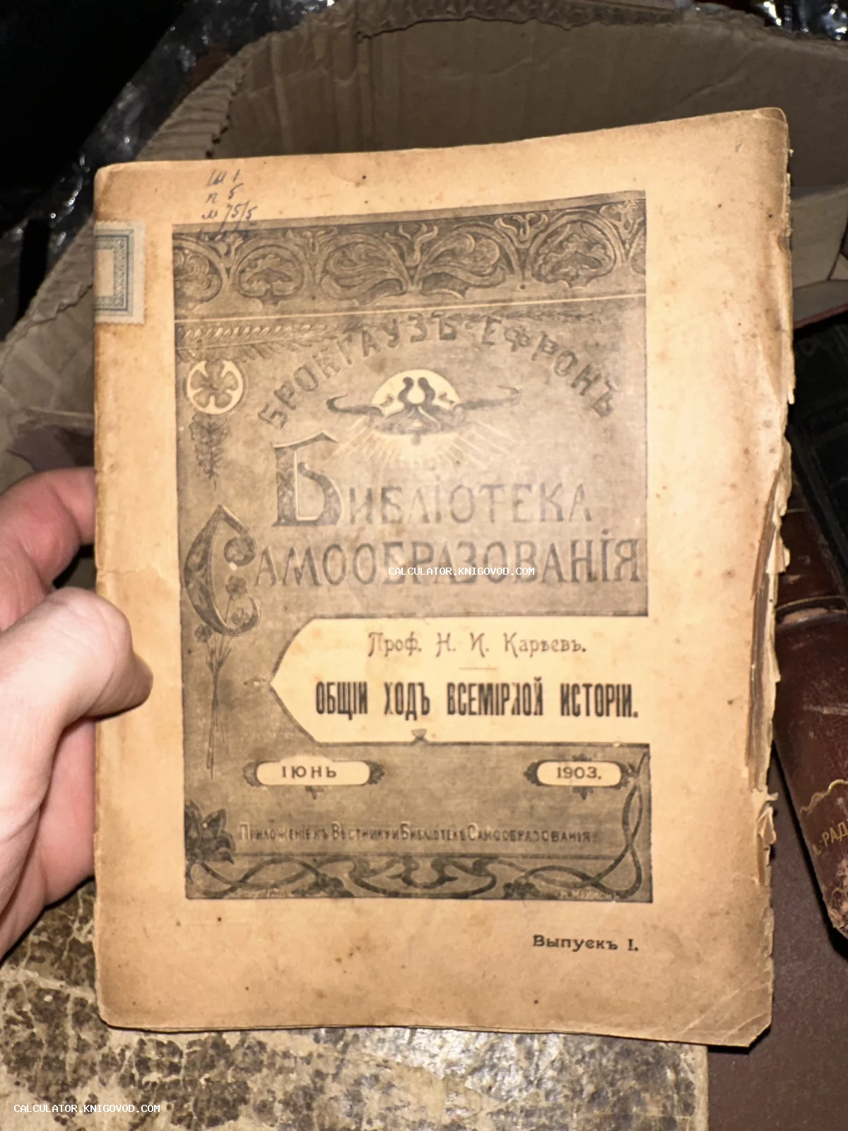 Обложка антикварного издания «Общий ход всемирной истории» профессора Кареева, напечатанная в типографии Брокгауз-Ефрон в 1903 году.