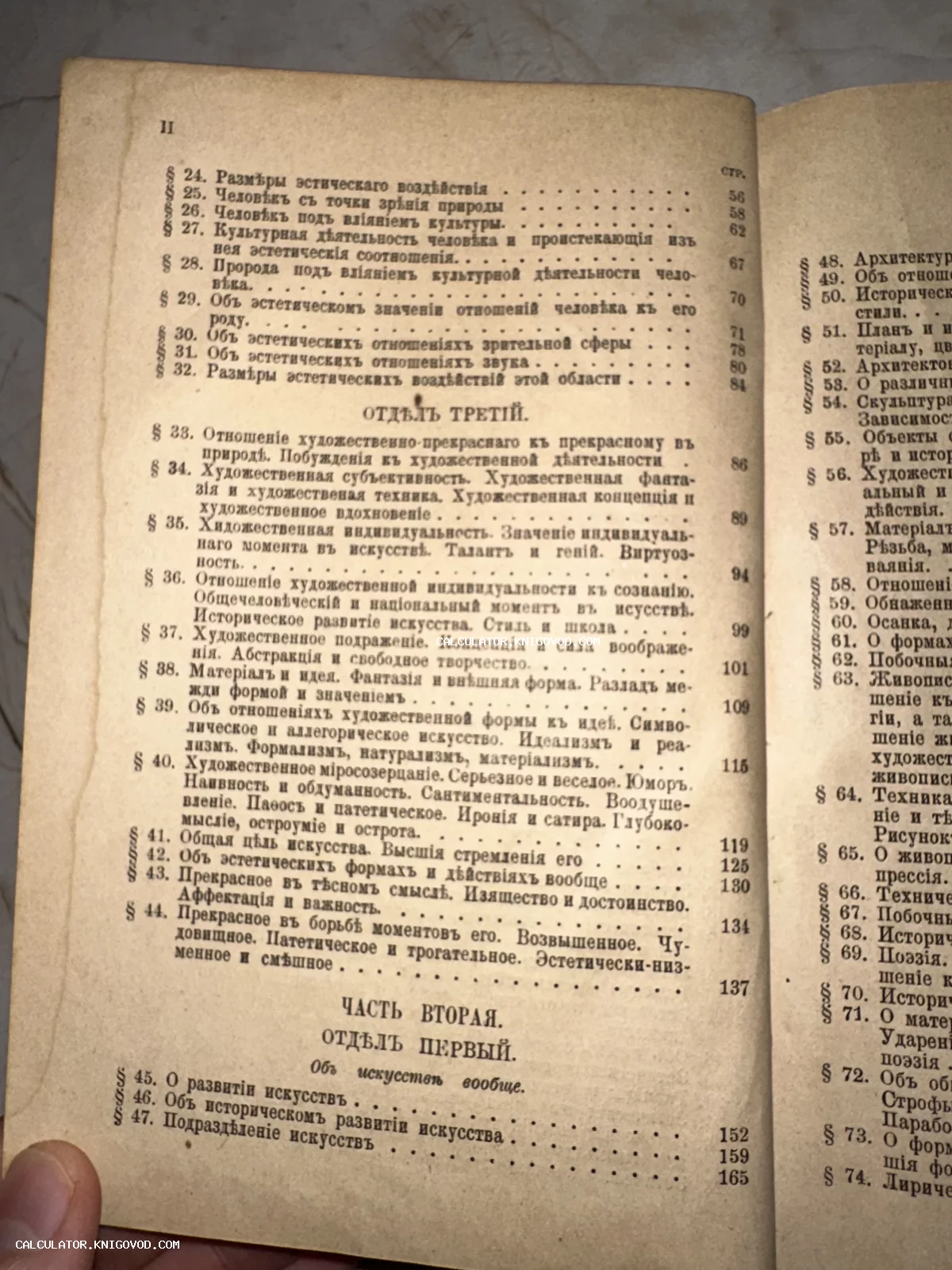 Фотография страницы оглавления старинной книги с дореволюционной орфографией, разделы об искусстве и эстетике.