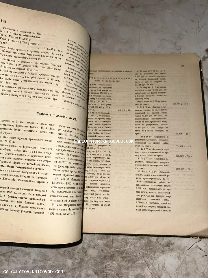 Разворот старинной книги с текстом на дореволюционном русском языке, страницы 123 и 126, содержащие отчеты Московской Городской Думы конца XIX века.