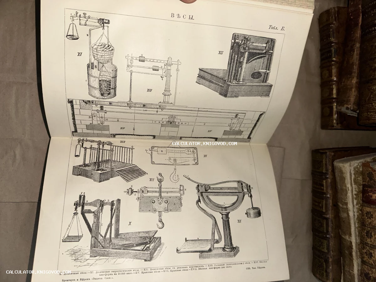 Разворот антикварной книги со схематичными изображениями различных видов весов: десятичных, гидравлических и крановых.