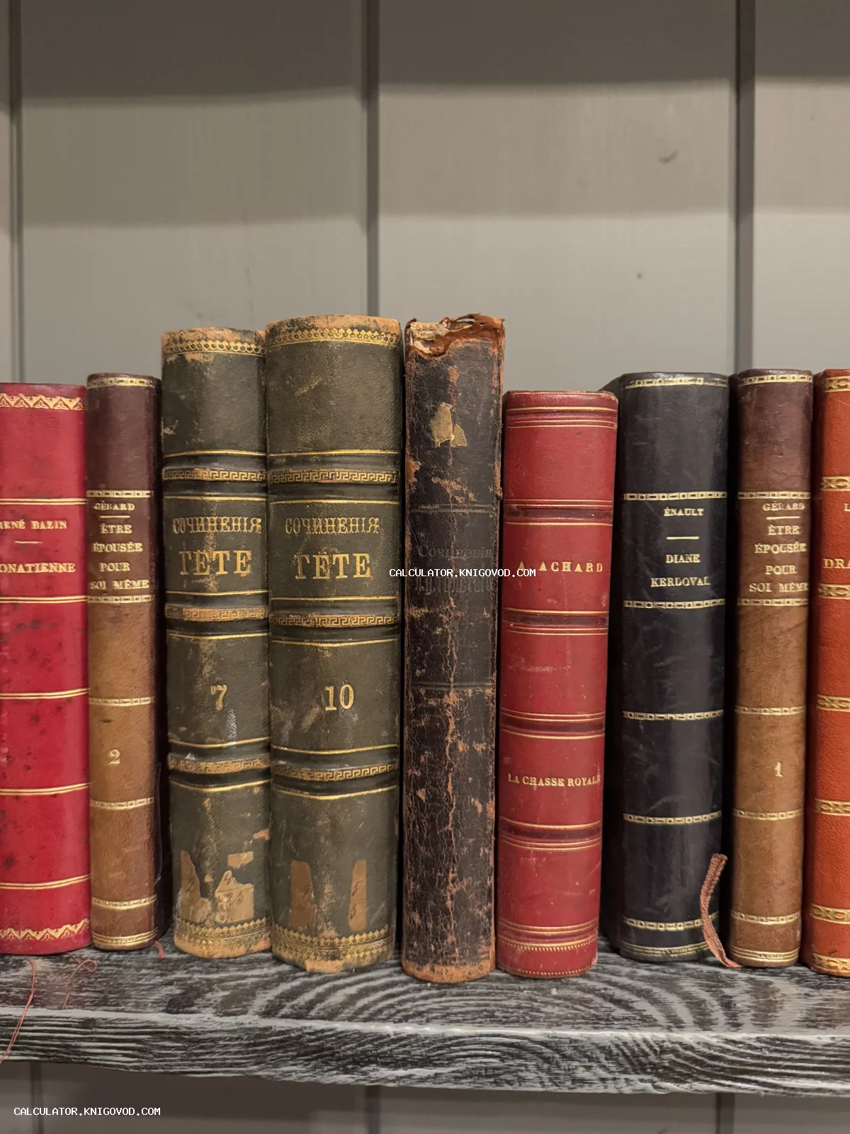 Ряд старинных книг с золотым тиснением на корешках, включая сочинения Гёте и Толстого, на деревянной полке.