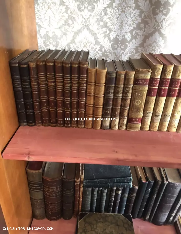 Старинные книги с золотым тиснением на деревянных полках, включая собрание сочинений В. Г. Короленко и французские издания Дюма.