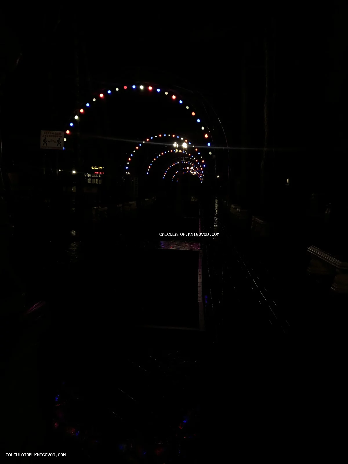 Ночной вид парковой аллеи с последовательностью светящихся полукруглых арок с красными, белыми и синими огнями в полной темноте.