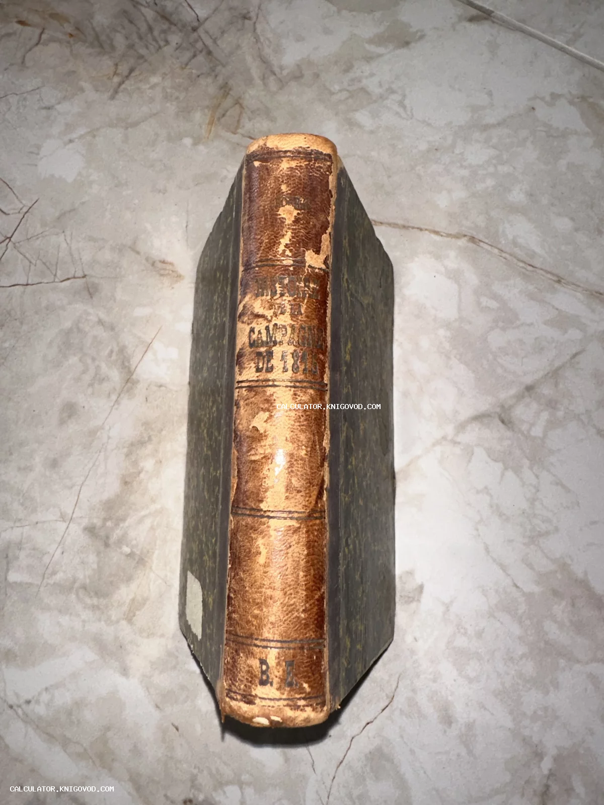 Корешок старинной книги с золотым тиснением Histoire de la campagne de 1815 в кожаном переплете.