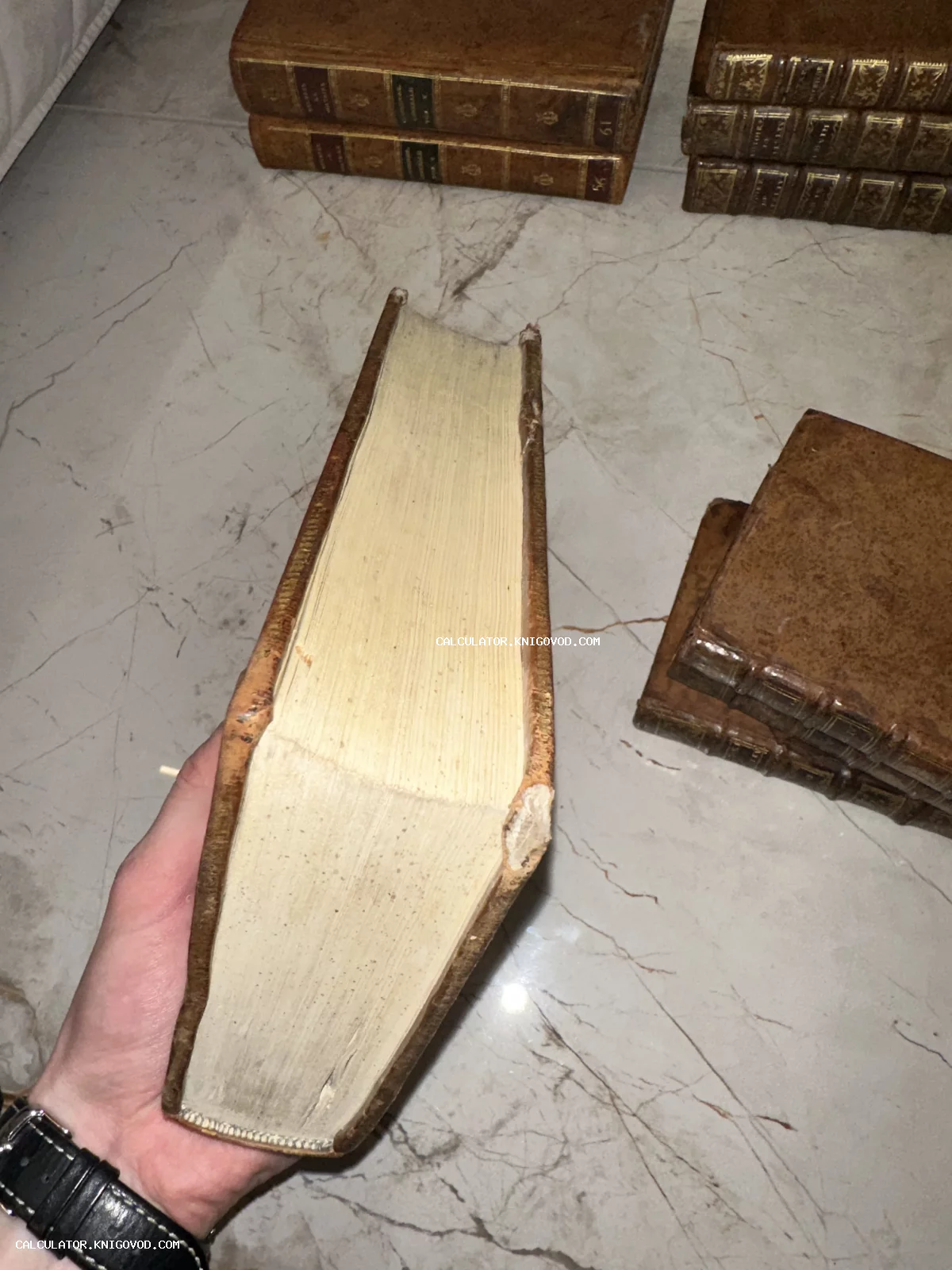 Вид на плотный блок пожелтевших страниц антикварной книги, которую держат в руке на фоне других томов.