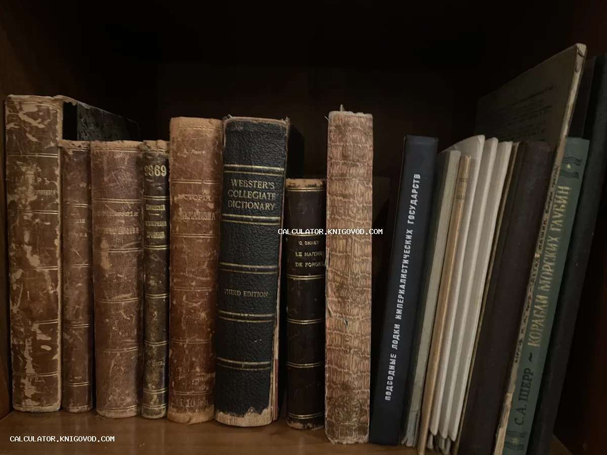 Ряд старинных книг в кожаных и тканевых переплетах на деревянной полке, включая словарь Webster и советские издания о флоте.