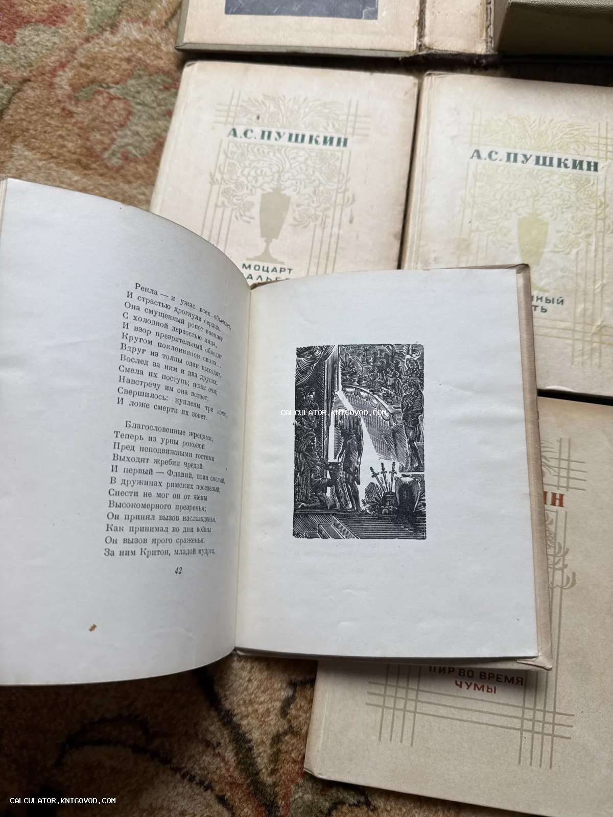 Раскрытая старая книга А. С. Пушкина с черно-белой иллюстрацией-гравюрой и текстом стихотворения на фоне других томов серии.