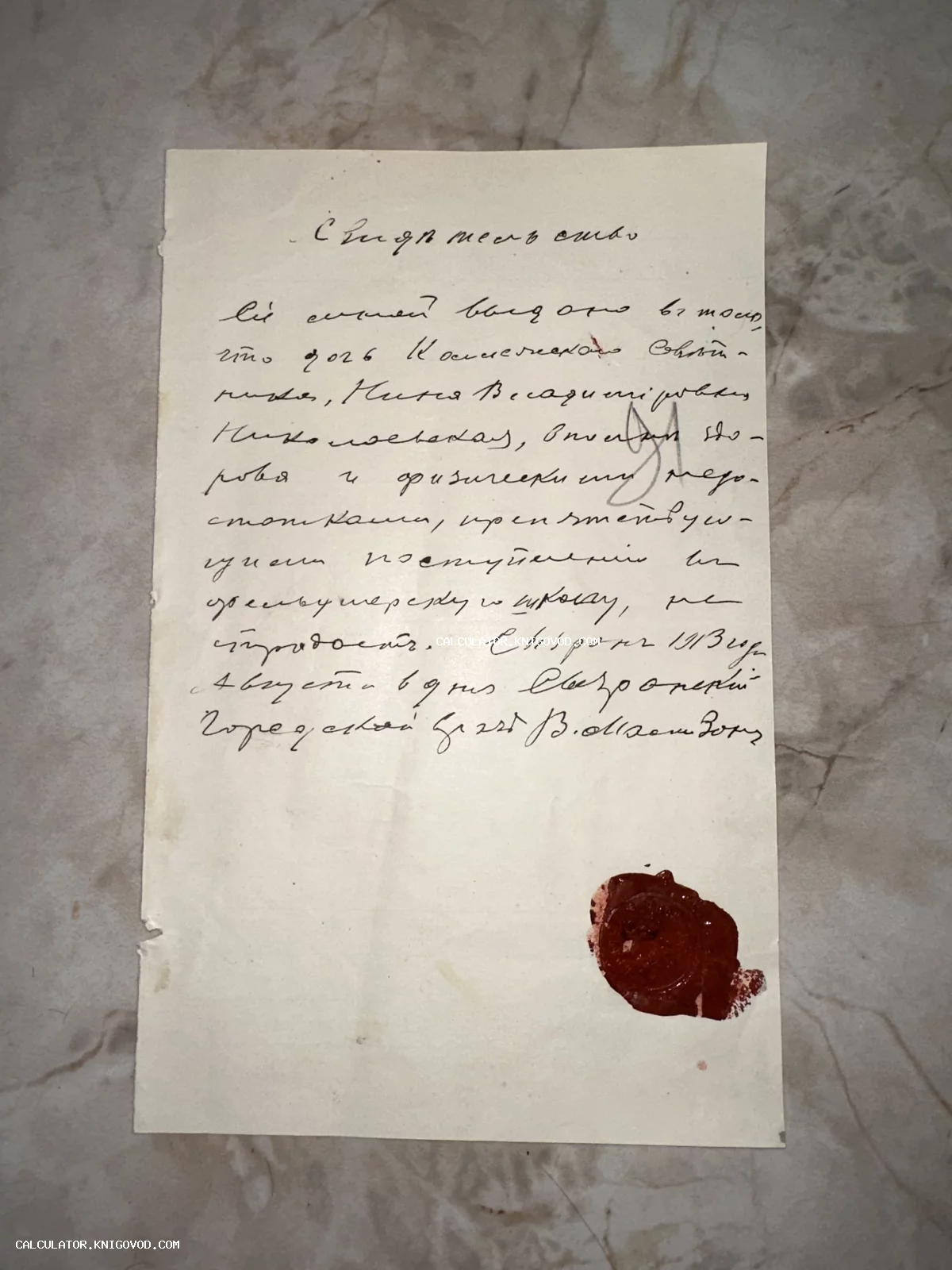 Старинный рукописный документ на пожелтевшей бумаге с красной сургучной печатью, датированный 1913 годом.