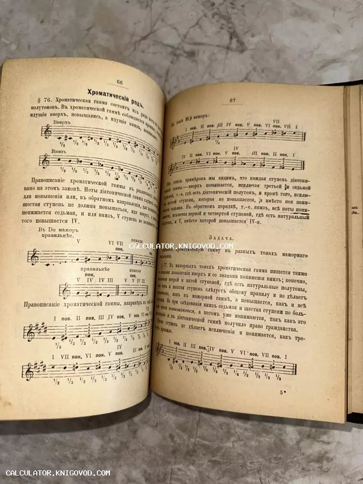 Разворот старинной книги с нотными знаками и пояснительным текстом на дореволюционном русском языке.