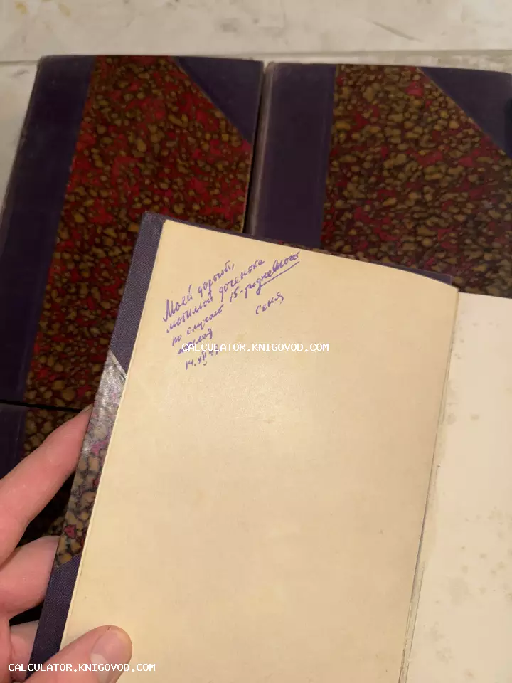 Разворот старой книги с рукописным текстом синими чернилами на пожелтевшем форзаце на фоне мраморных обложек.