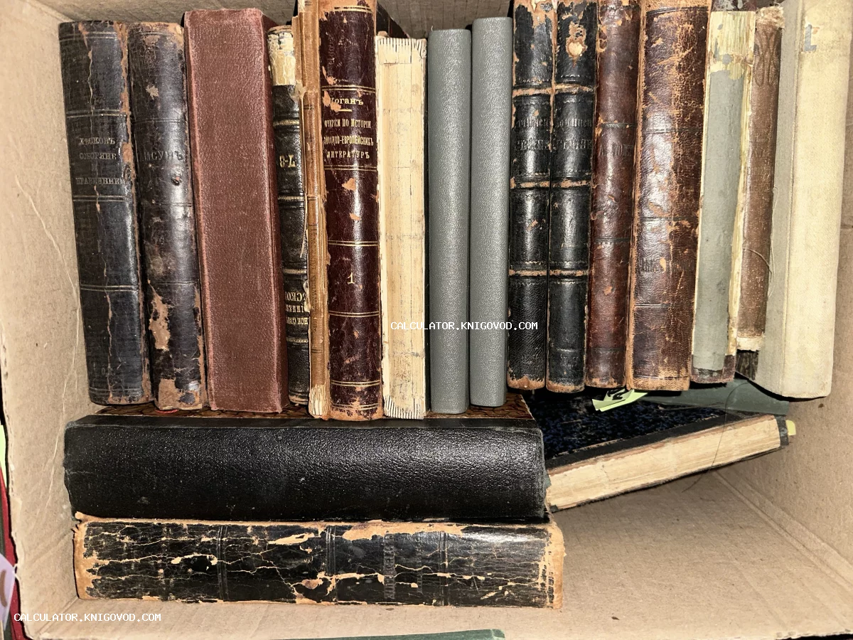 Старинные книги с потертыми кожаными и тканевыми корешками в картонной коробке.