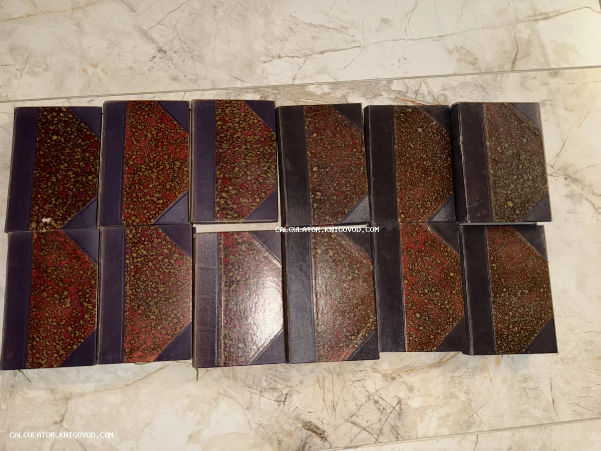 Двенадцать старинных книг с темными корешками и обложками из красно-золотистой мраморной бумаги, разложенные на светлом полу.