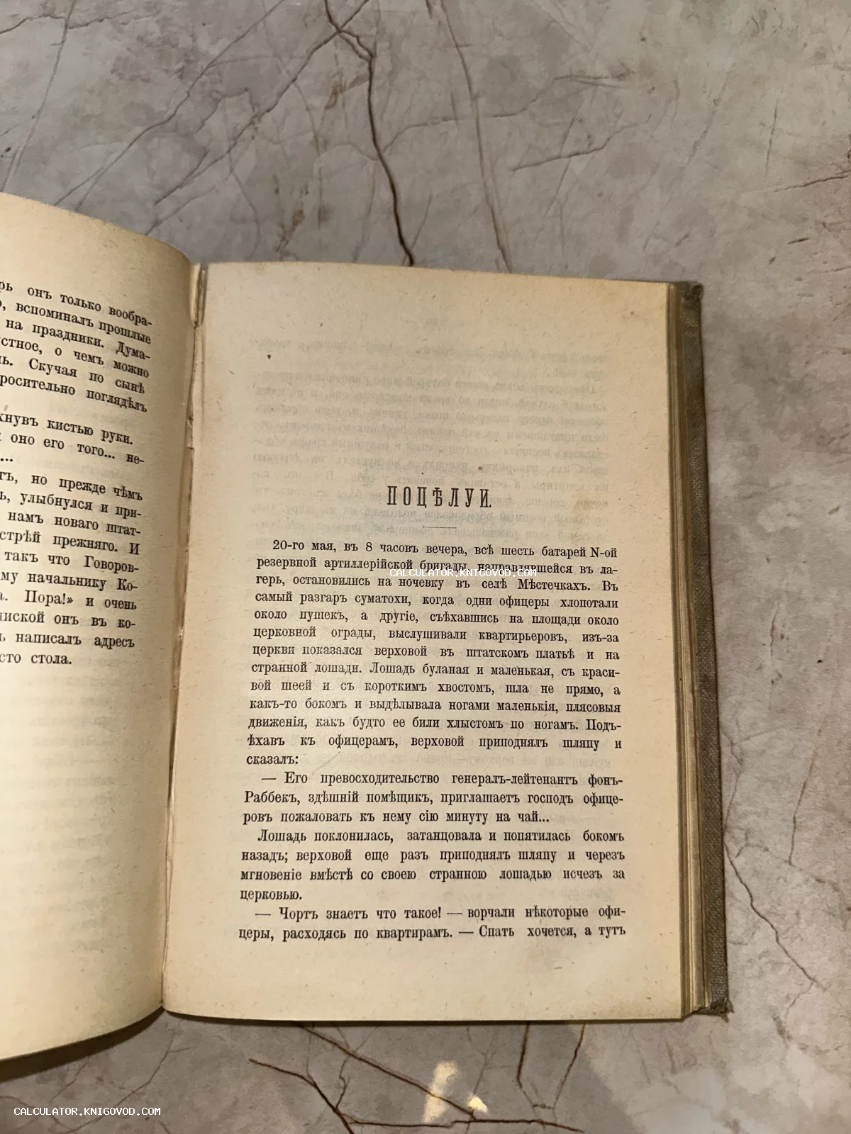 Разворот антикварной книги с текстом на дореволюционном русском языке и заголовком «ПОЦЕЛУИ».