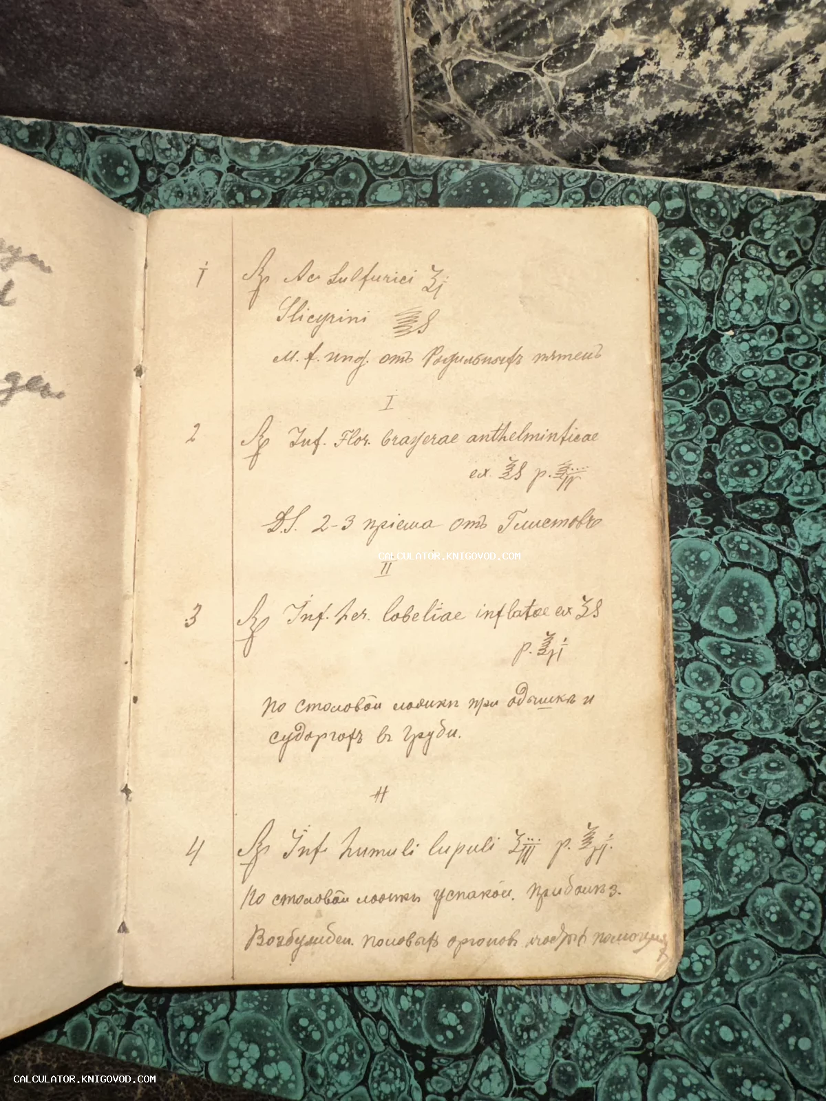 Разворот старинной рукописи с перечнем лекарственных составов на латыни и русском языке.