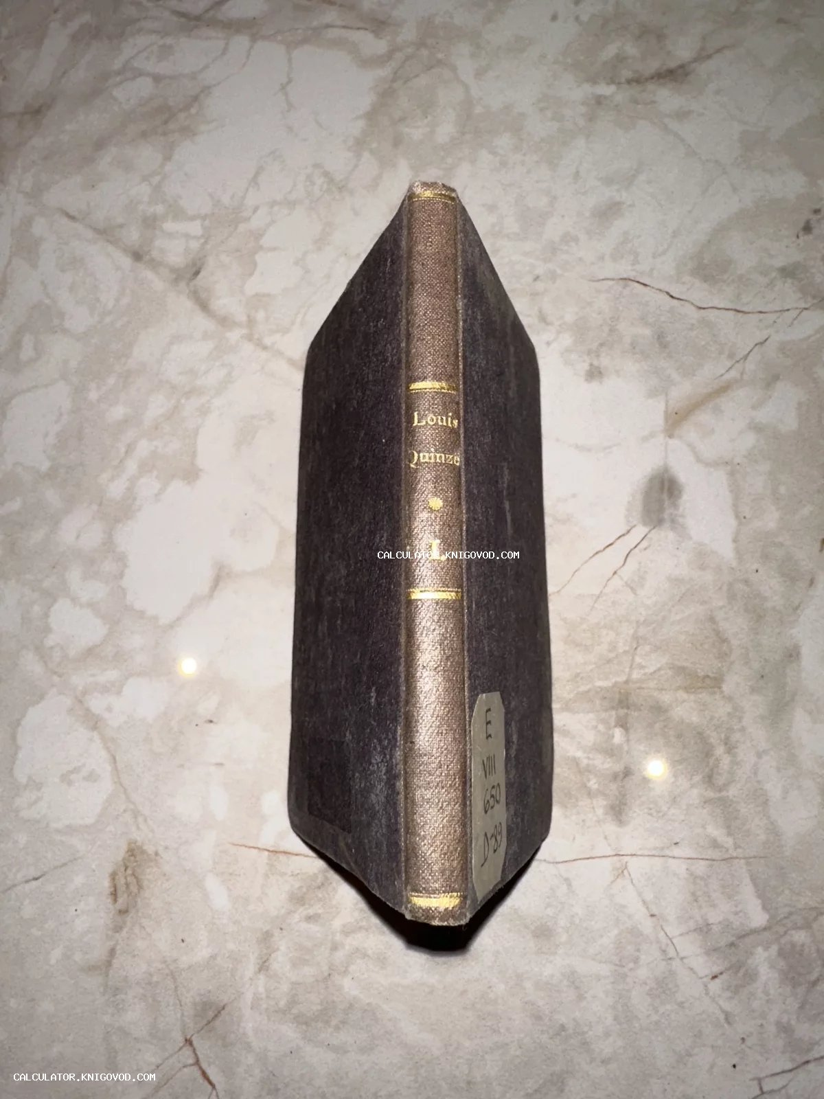 Корешок антикварной книги с золотым тиснением Louis Quinze и старой библиотечной наклейкой на мраморном фоне.