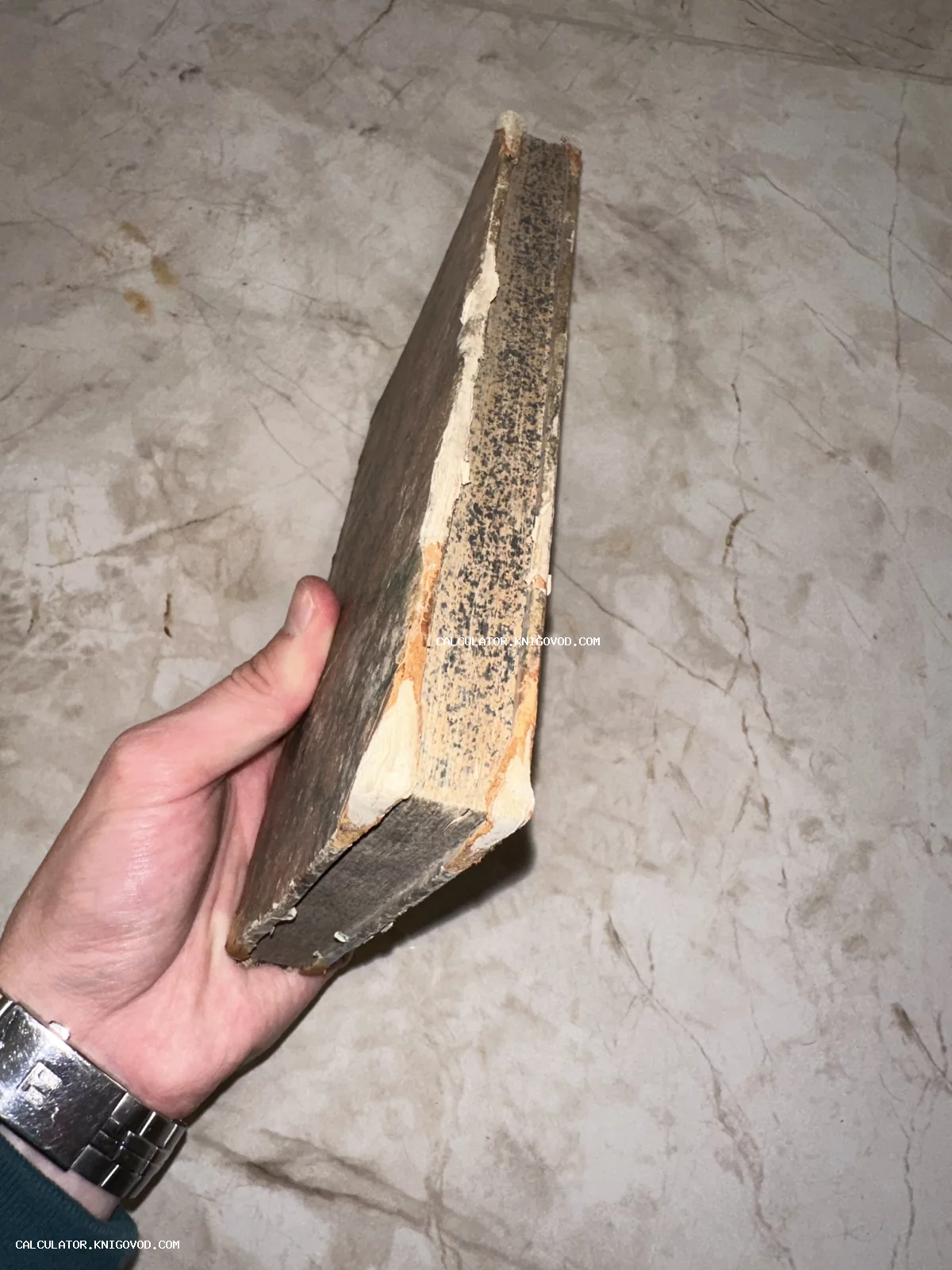 Вид на корешок и книжный блок старинной антикварной книги со следами износа и времени