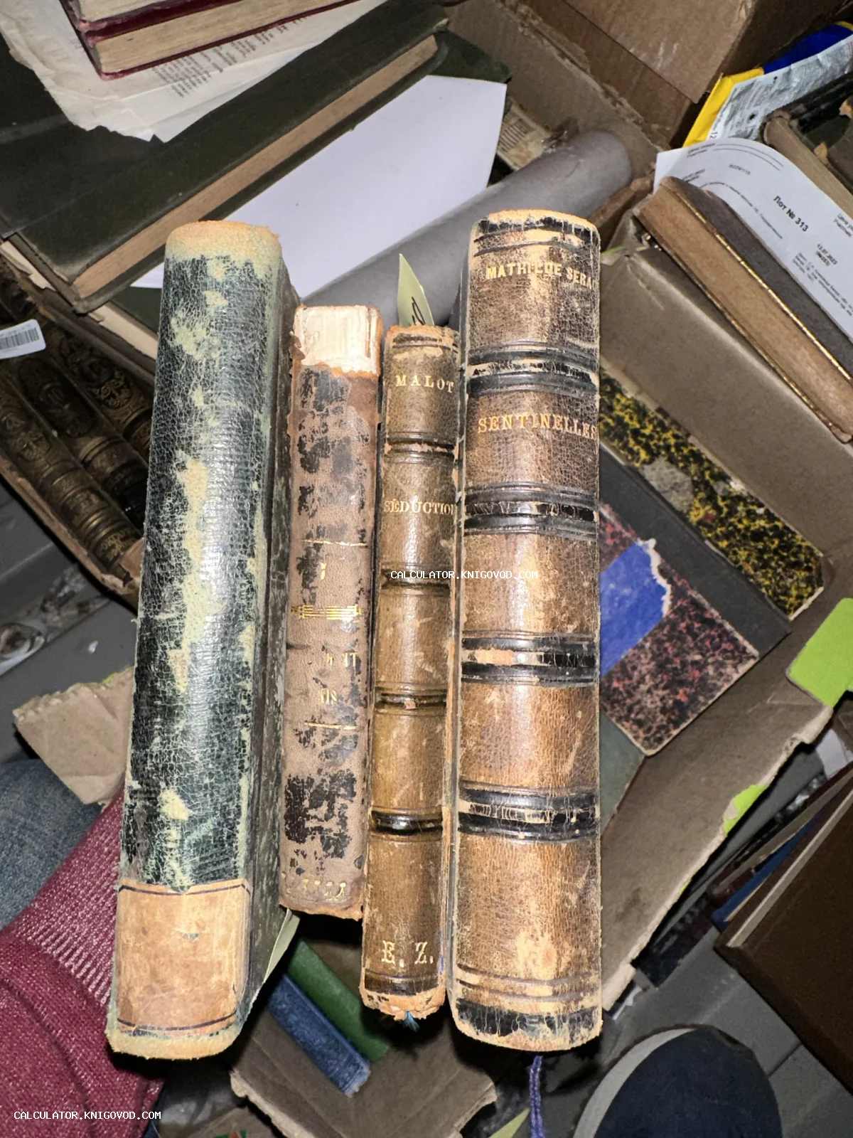 Четыре корешка старинных книг с золотым тиснением и следами времени, лежащие в коробке.