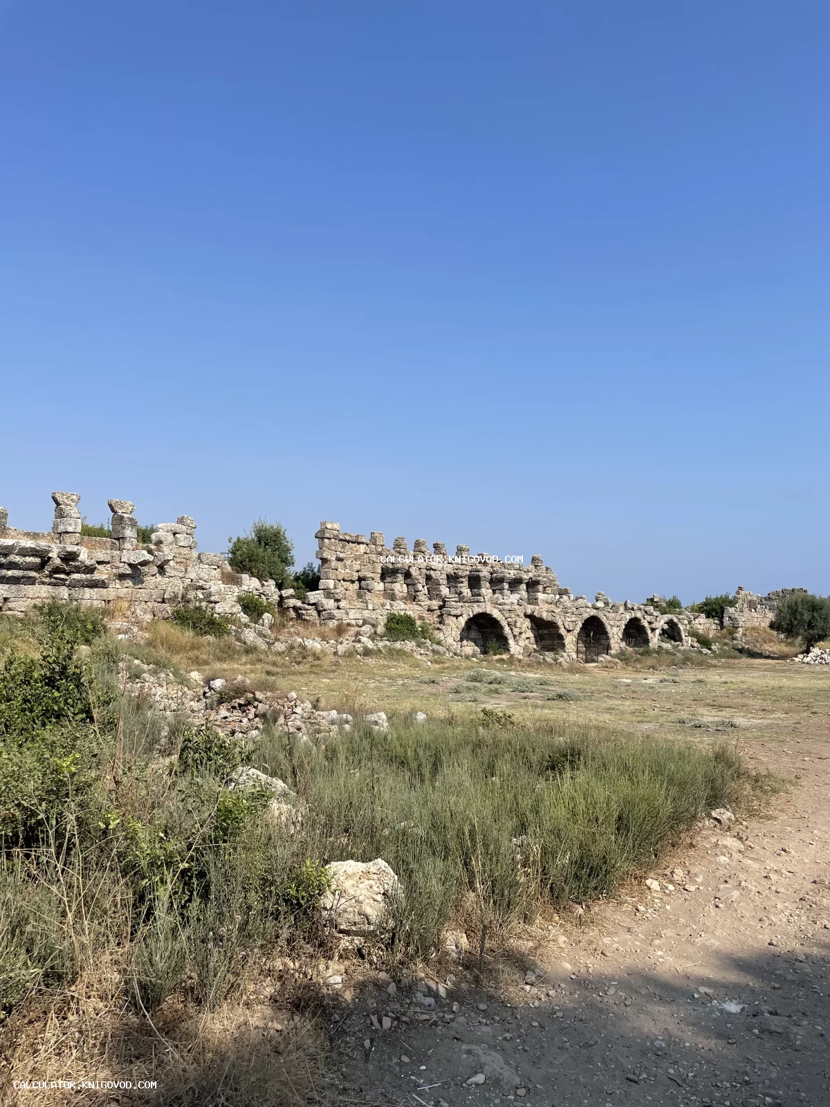 Остатки древней каменной стены с арочными проемами на фоне ярко-голубого неба и сухой травы.