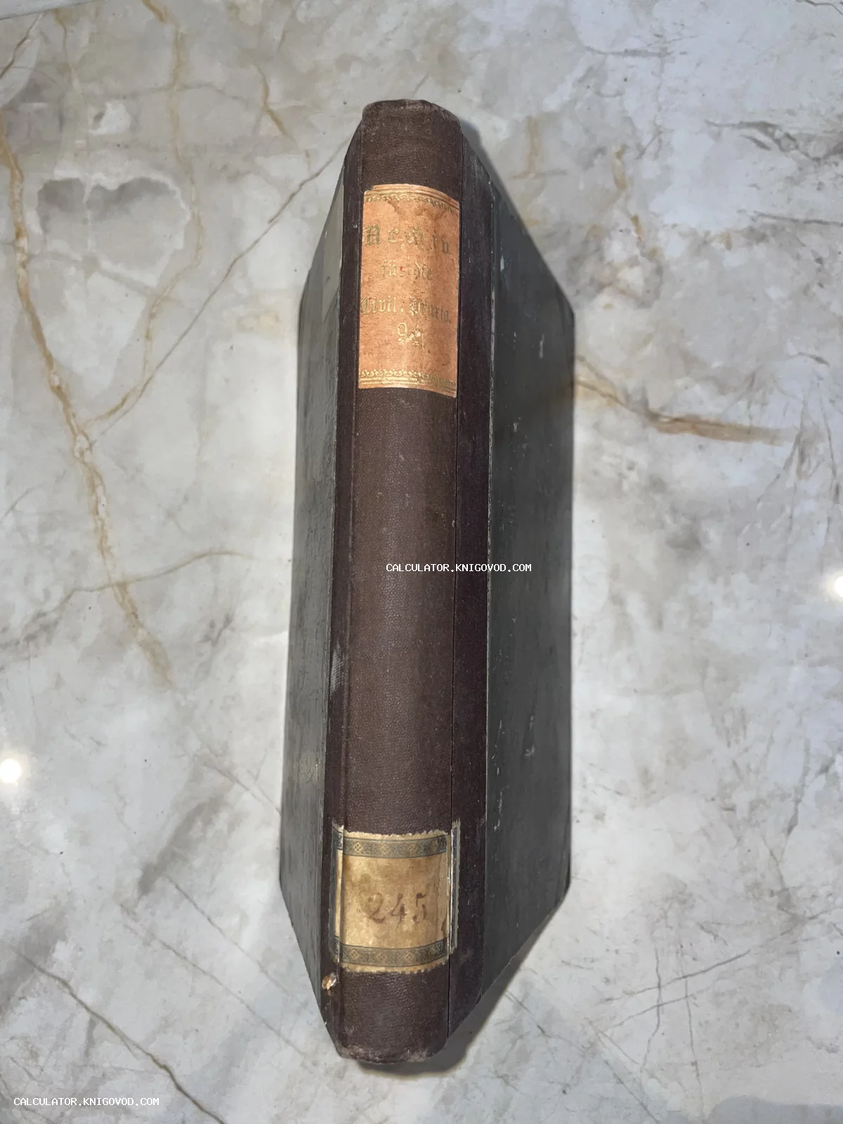 Корешок старинной книги в коричневом переплете с двумя наклейками: верхняя с текстом на немецком языке, нижняя с номером 245.
