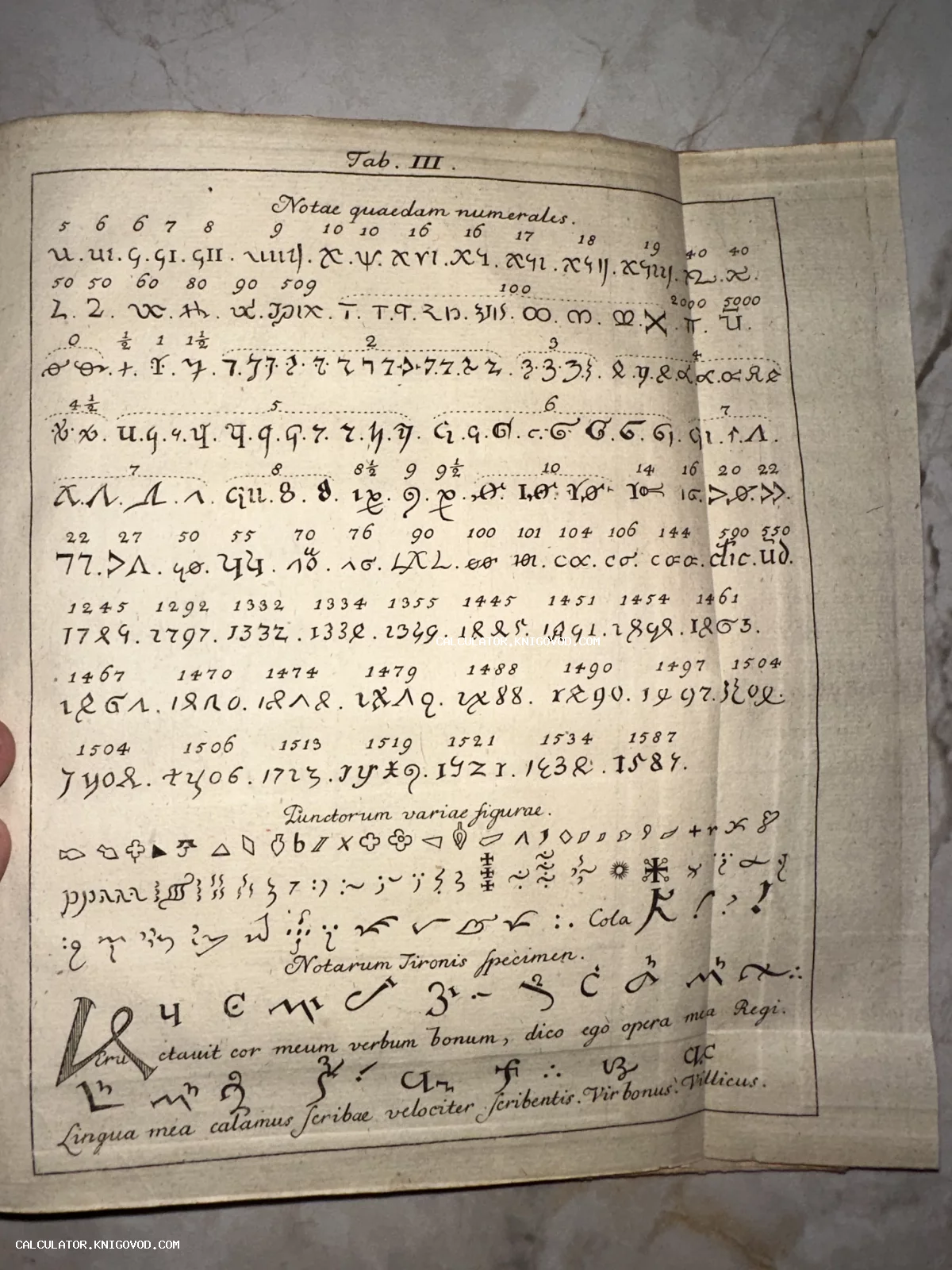 Старинная книжная страница с латинскими таблицами 'Notae quaedam numerales' и 'Notarum Tironis specimen', изображающая знаки древней стенографии и цифры.