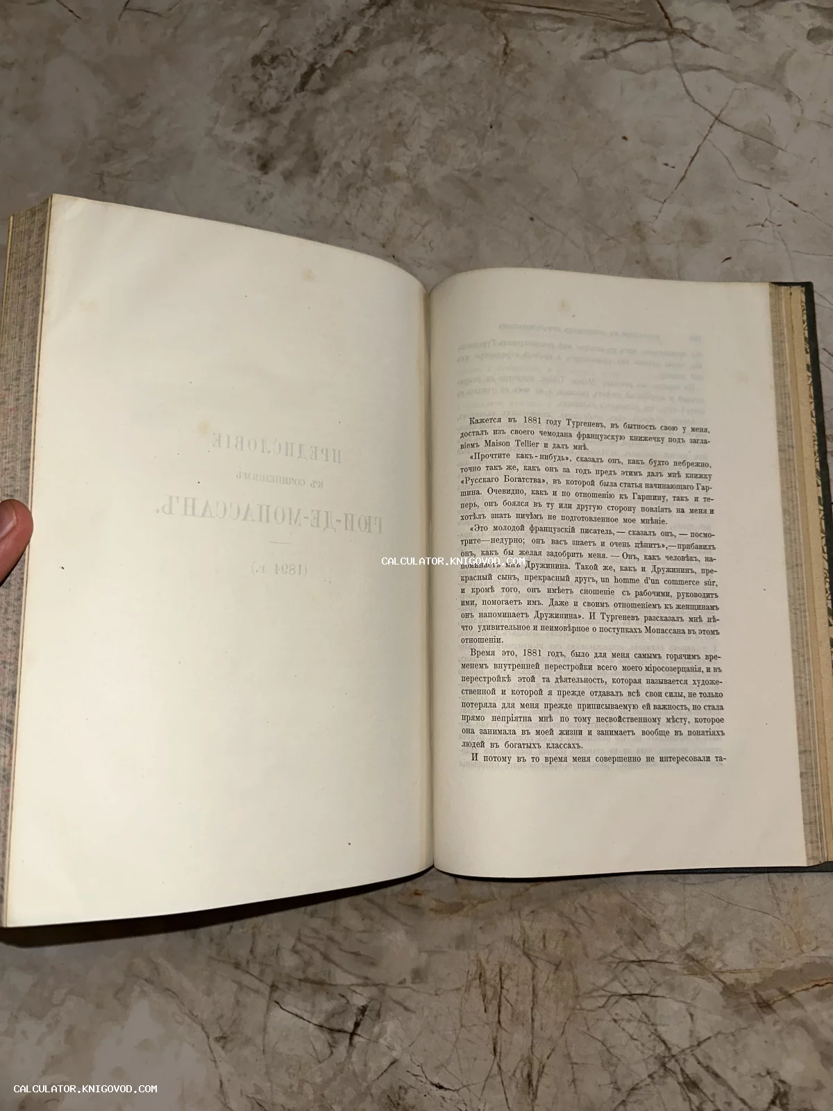 Разворот старинной книги с текстом на дореволюционном русском языке, упоминающим Тургенева и Мопассана.