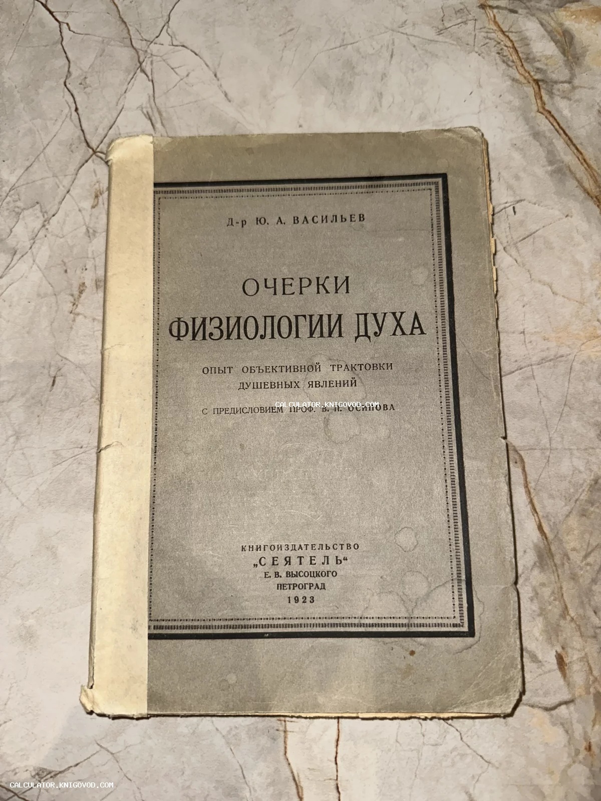 Обложка антикварной книги доктора Ю. А. Васильева «Очерки физиологии духа», изданной в Петрограде в 1923 году.