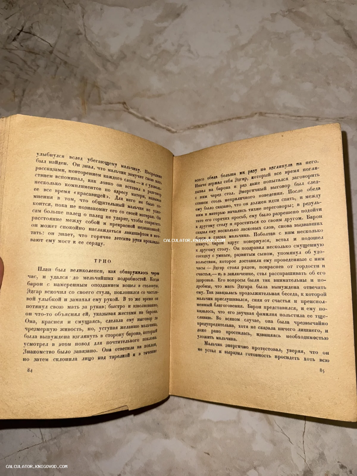 Раскрытая старая книга на страницах 84 и 85 с заголовком Трио и текстом на русском языке.