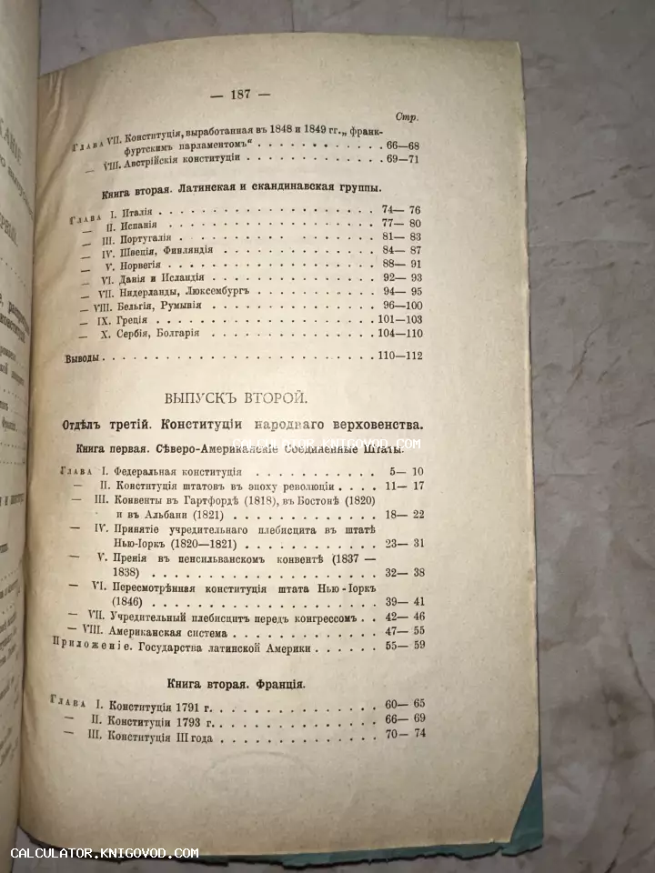 Старинная печатная страница с оглавлением книги на дореволюционном русском языке, перечисляющая главы о конституциях стран Европы и Америки.
