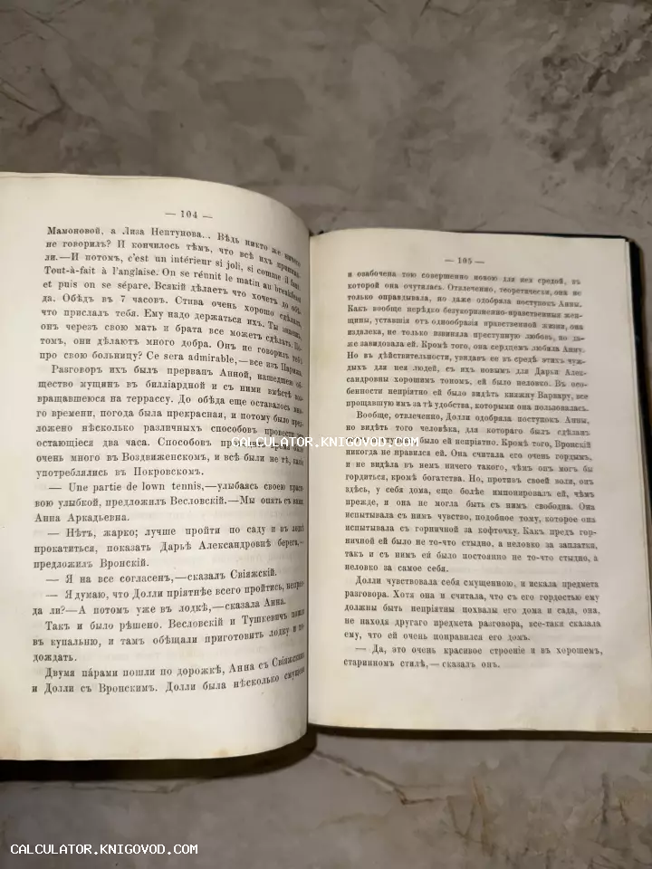 Разворот старинной книги с текстом на дореформенном русском языке, страницы 104 и 105 с упоминанием Анны Аркадьевны и Вронского.