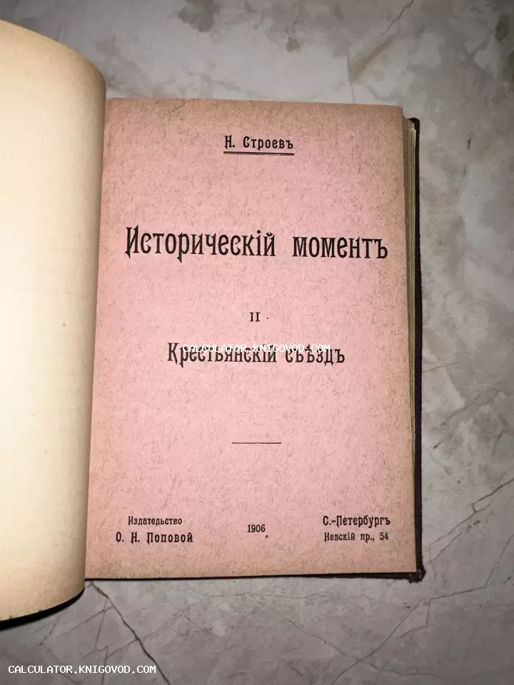 Титульный лист антикварной книги Н. Строева «Исторический момент. II. Крестьянский съезд» 1906 года издания.