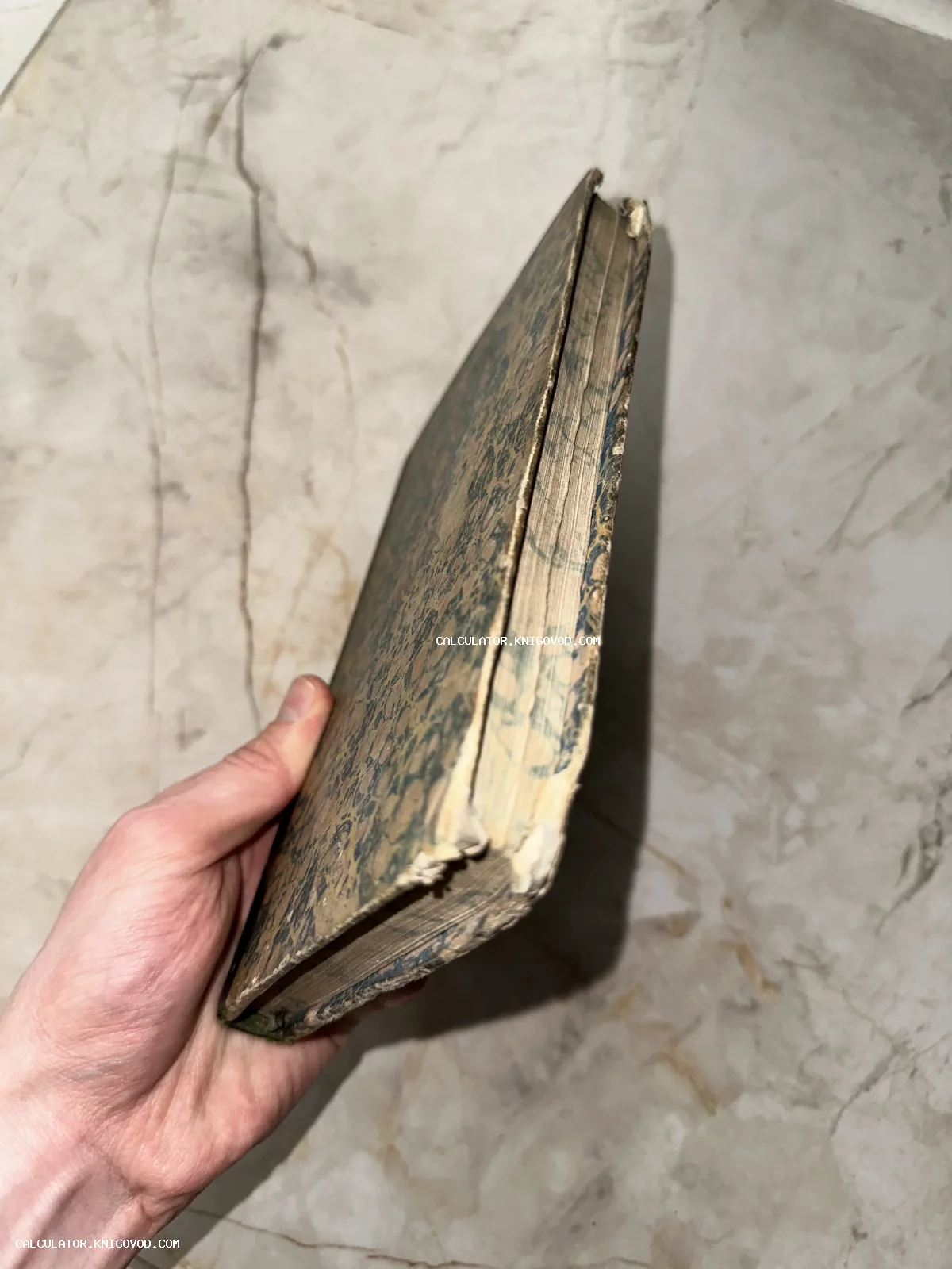 Старинная книга с обложкой из мраморной бумаги и пожелтевшими страницами в руке коллекционера.