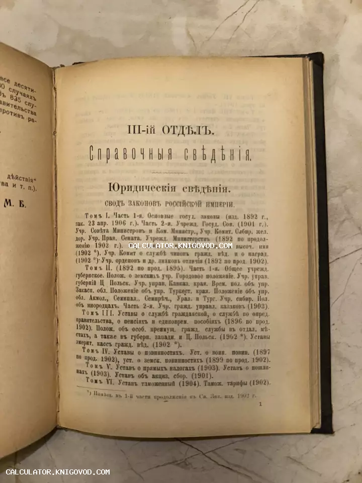 Разворот антикварной книги с заголовком «Юридические сведения» и перечнем томов Свода законов Российской империи начала XX века.