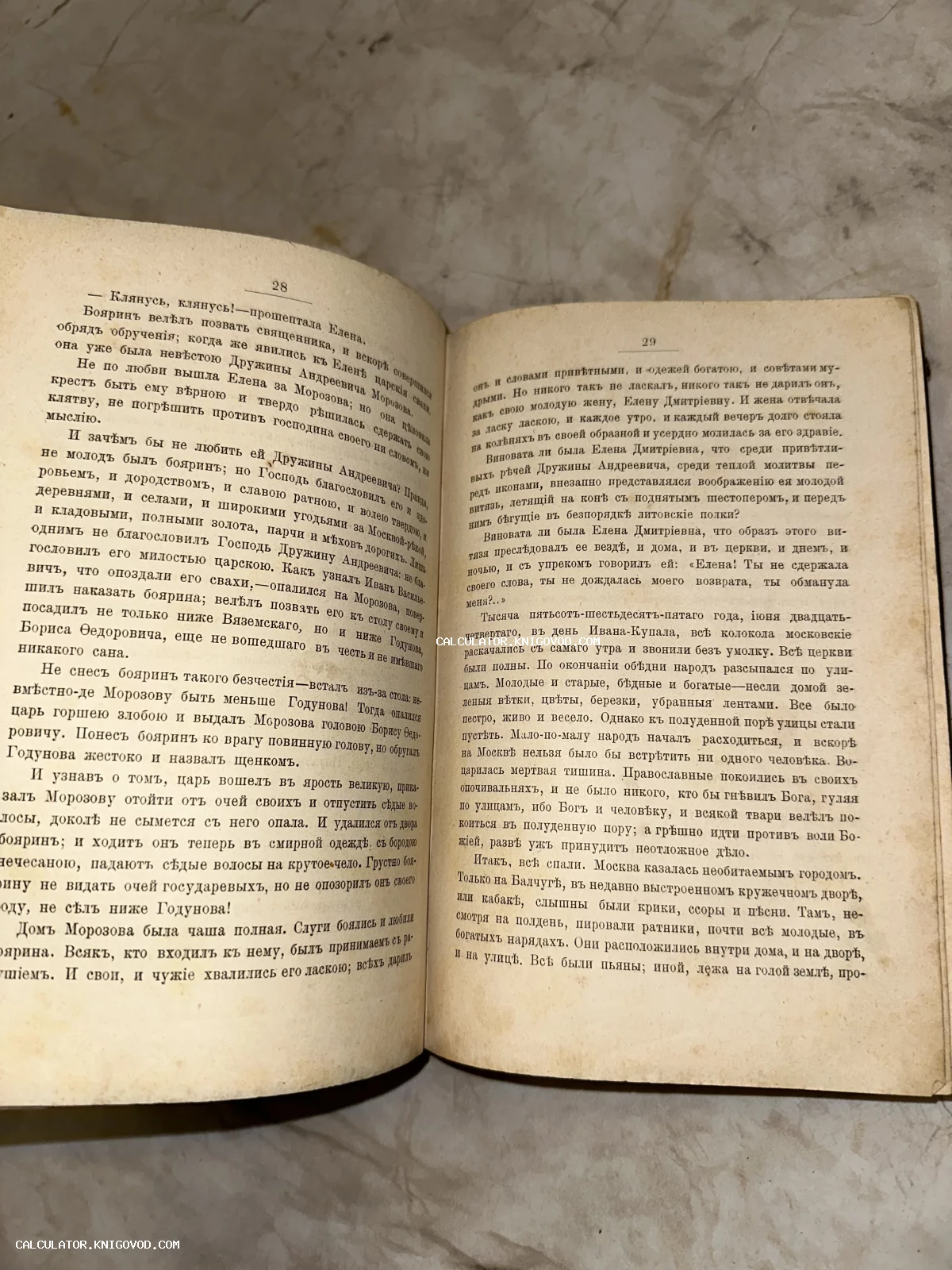 Разворот старой книги с текстом на дореволюционном русском языке, страницы 28 и 29.