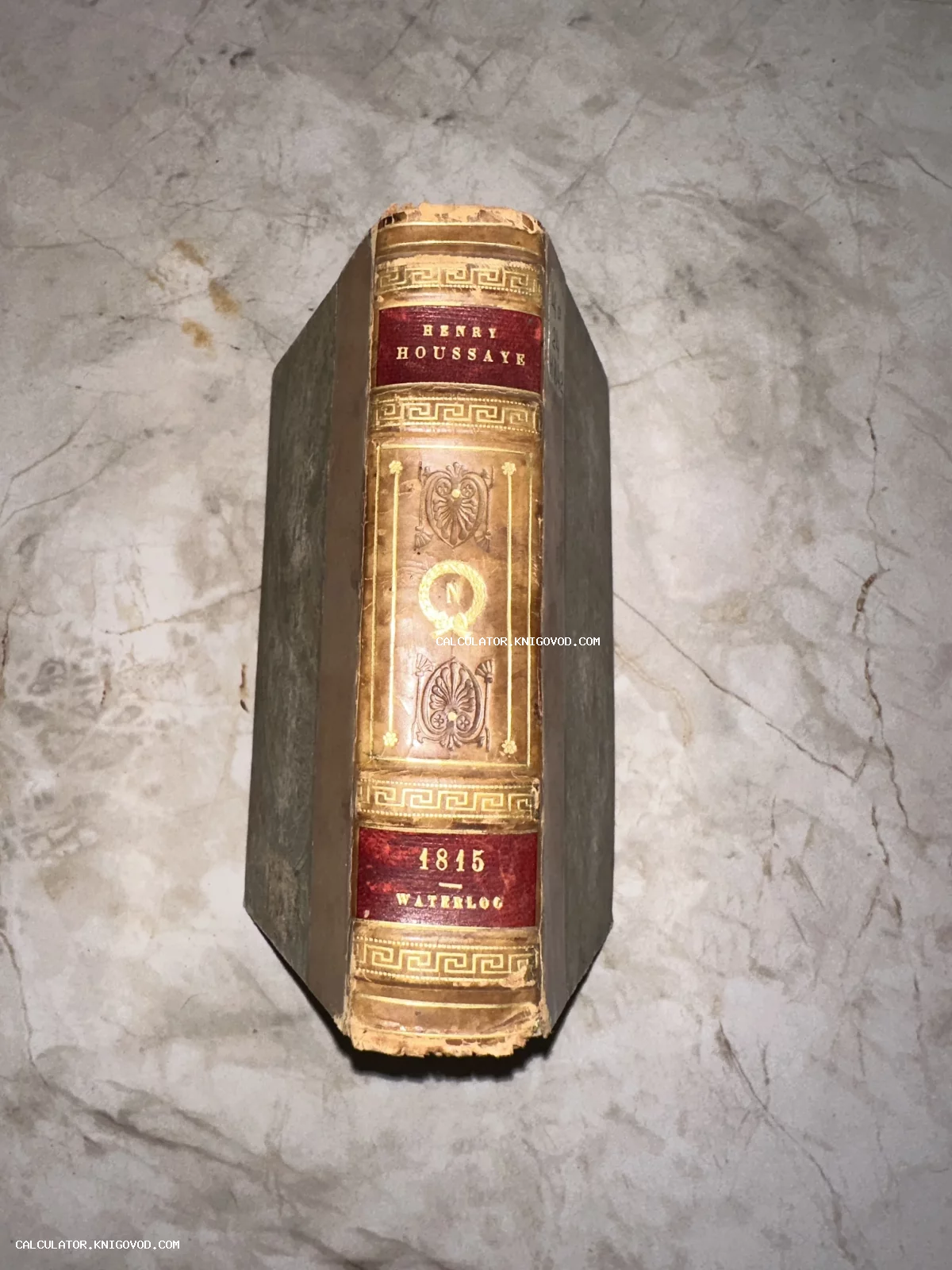 Корешок антикварной книги Генри Уссе '1815 Ватерлоо' с золотым тиснением и эмблемой Наполеона.